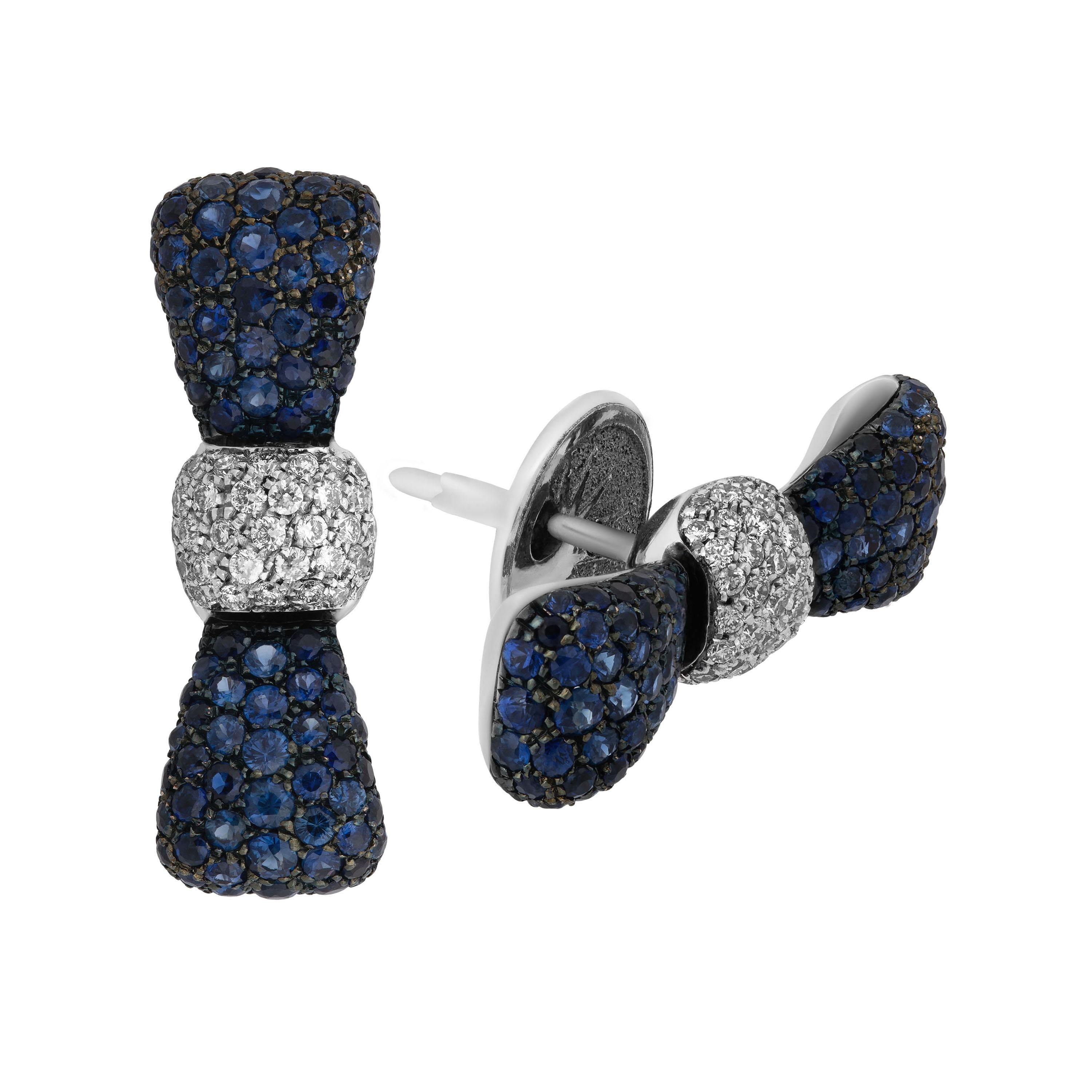 Contemporary Luca Carati 18k White Gold, Sapphire And Diamond Bow Stud Earrings