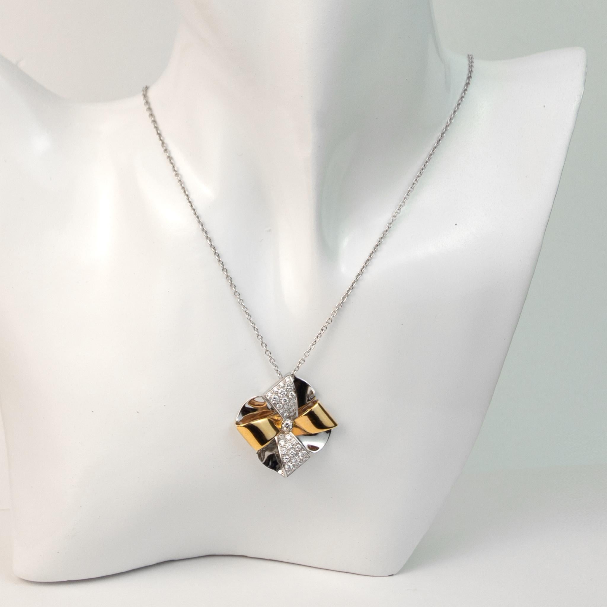 Brilliant Cut Luca Carati 18k White & Rose Gold Diamond Bow-Knot Pendant Necklace For Sale