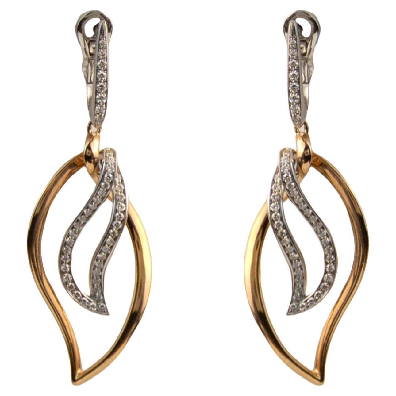 Luca Carati 18k White & Rose Gold Diamond Leaf Earrings For Sale