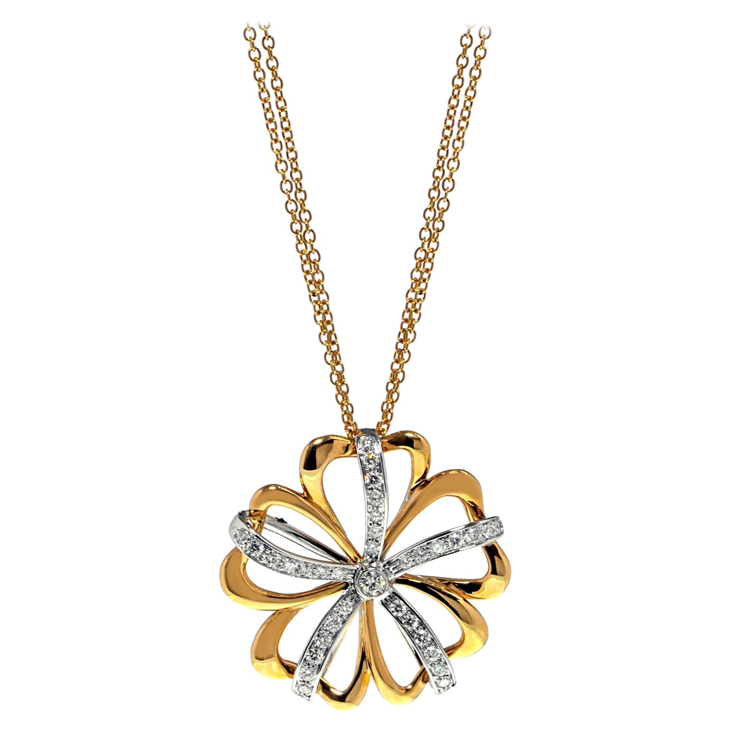 Luca Carati 18K Yellow & White Gold Diamond Flower Pendant Necklace 0.86Cttw For Sale