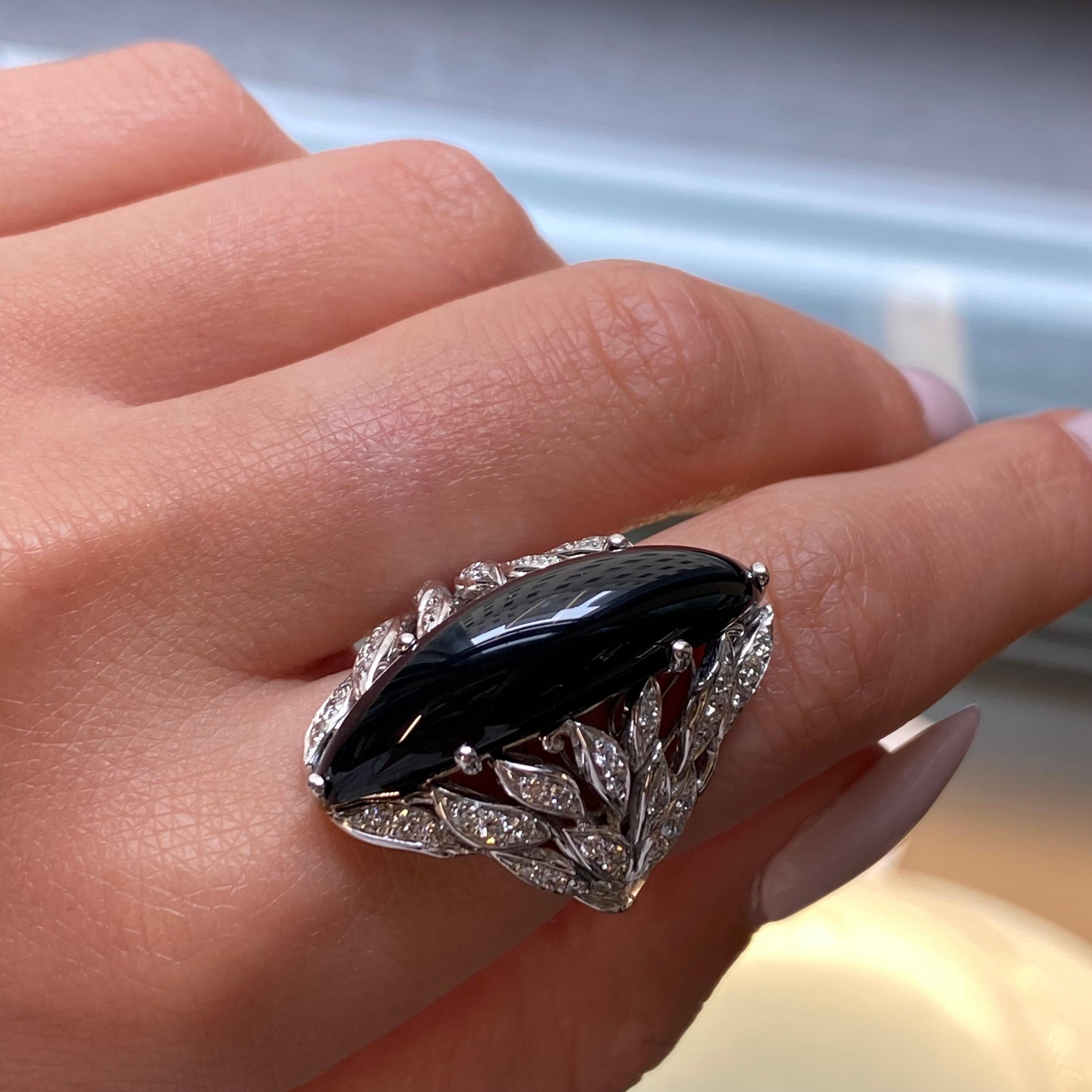 Round Cut Luca Carati Black Onyx Diamond Cocktail Ring 18K White Gold 0.79Cttw Size 6.5 For Sale