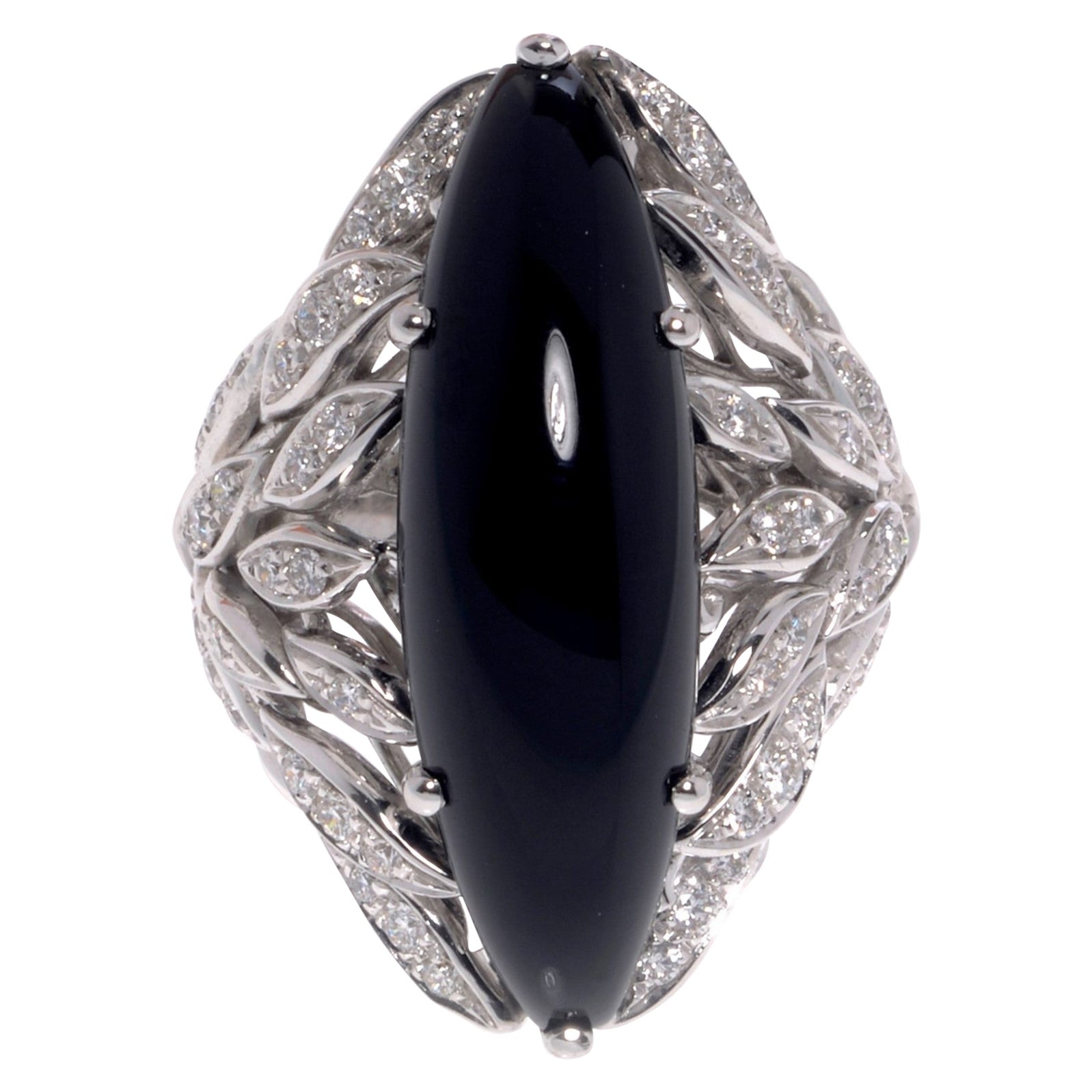 Luca Carati Black Onyx Diamond Cocktail Ring 18K White Gold 0.79Cttw Size 6.5 For Sale