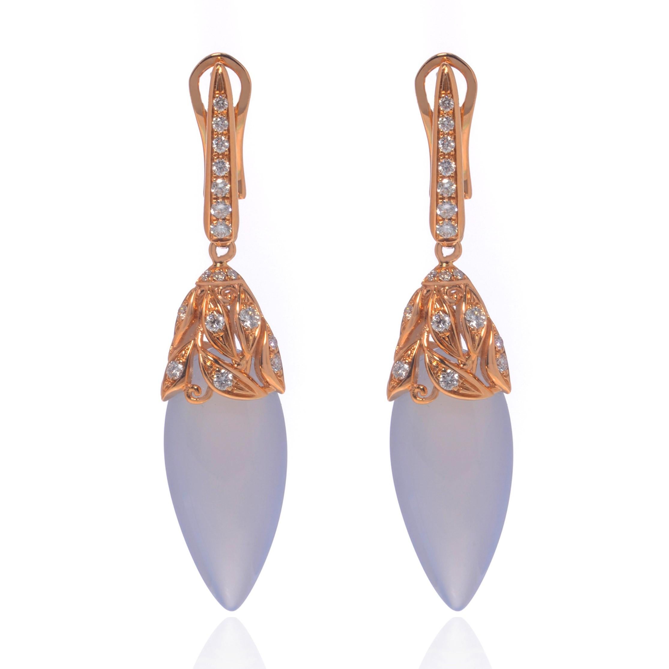 Chalcedony and diamond drop earrings of classic contemporary styling. The earrings are crafted in 18k rose gold and set with a combination of Chalcedony and round brilliant cut diamonds. Diamonds are pave set and have a total weight of 0.45. Diamond