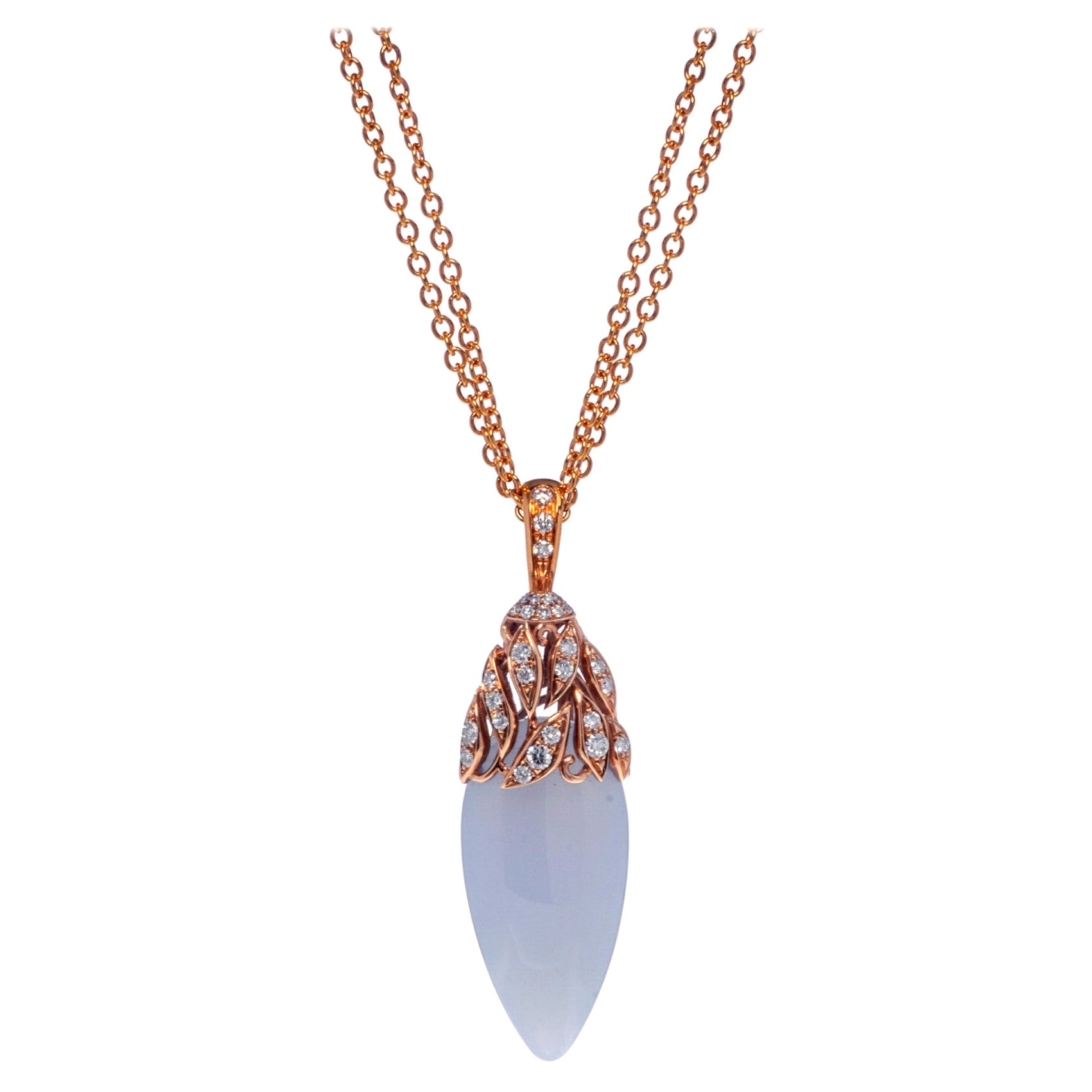 Luca Carati Chalcedony Diamond Long Pendant Necklace 18K Rose Gold For Sale