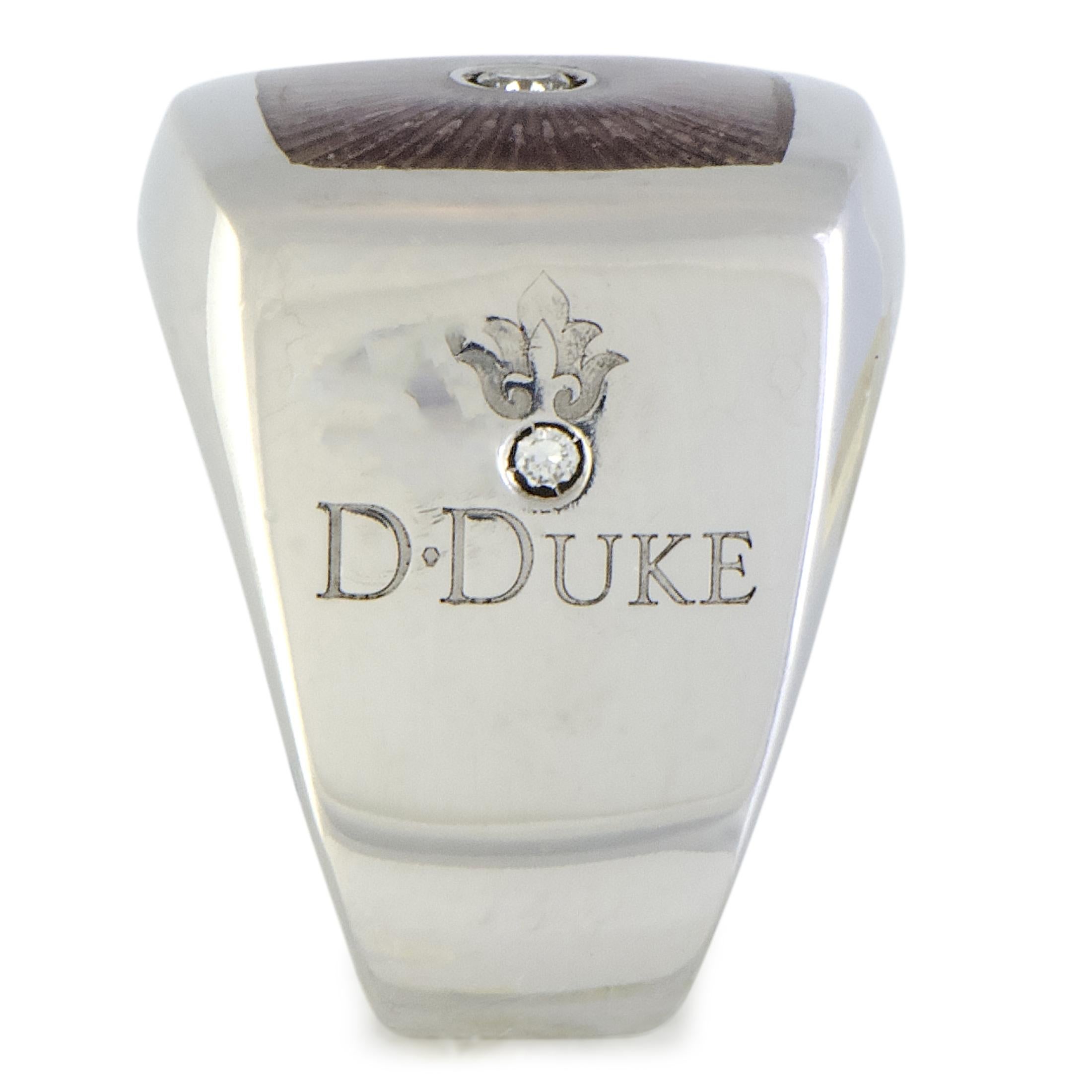 Luca Carati D-Duke Silver 2-Diamond Beige Enamel Square Cushion Ring In New Condition In Southampton, PA