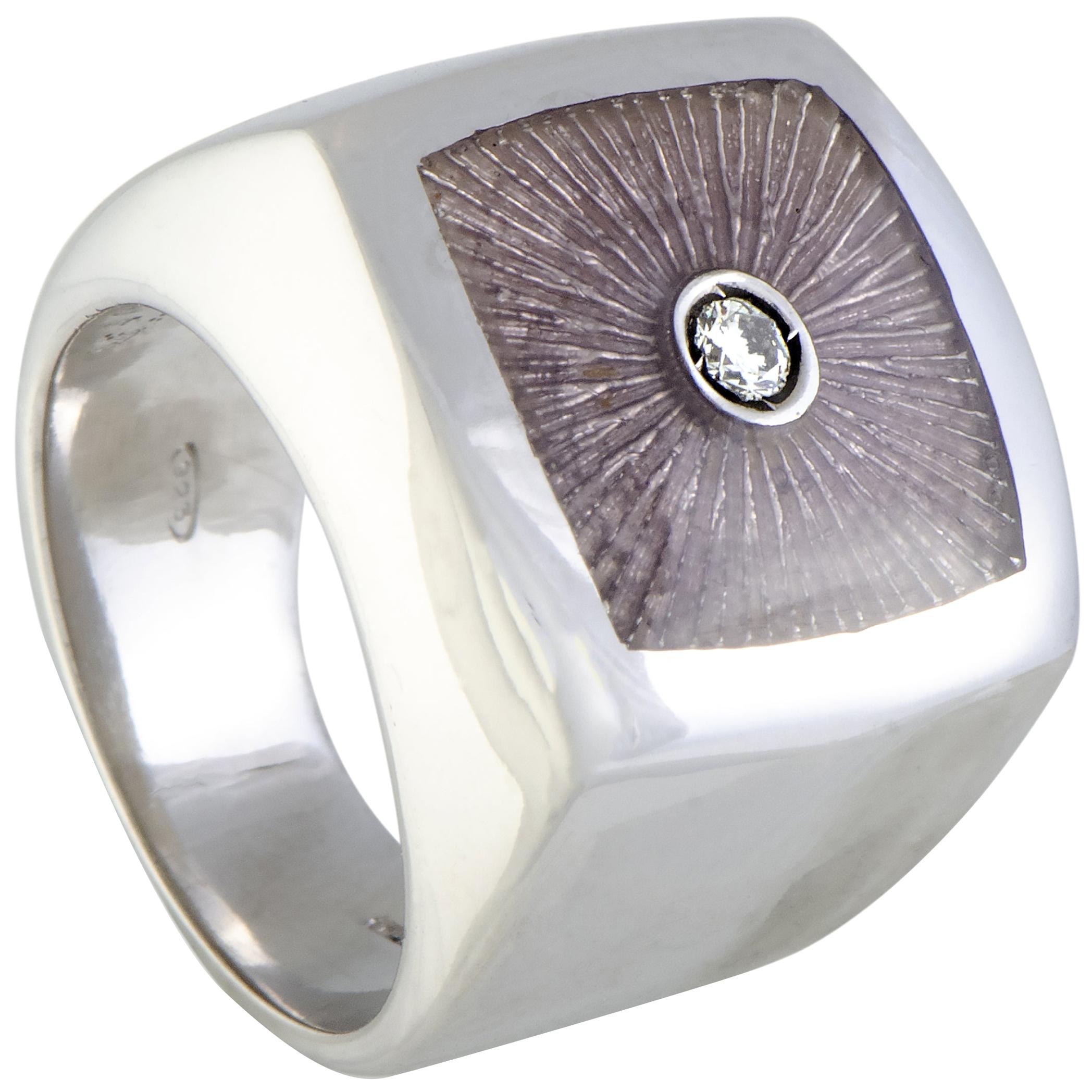 Luca Carati D-Duke Silver 2-Diamond Beige Enamel Square Cushion Ring