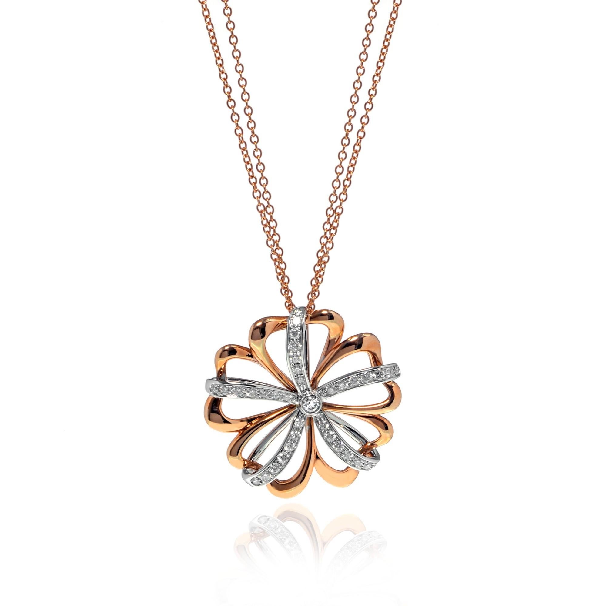 Round Cut Luca Carati Diamond Flower Pendant Long Necklace 18K Rose & White Gold 0.87Cttw  For Sale
