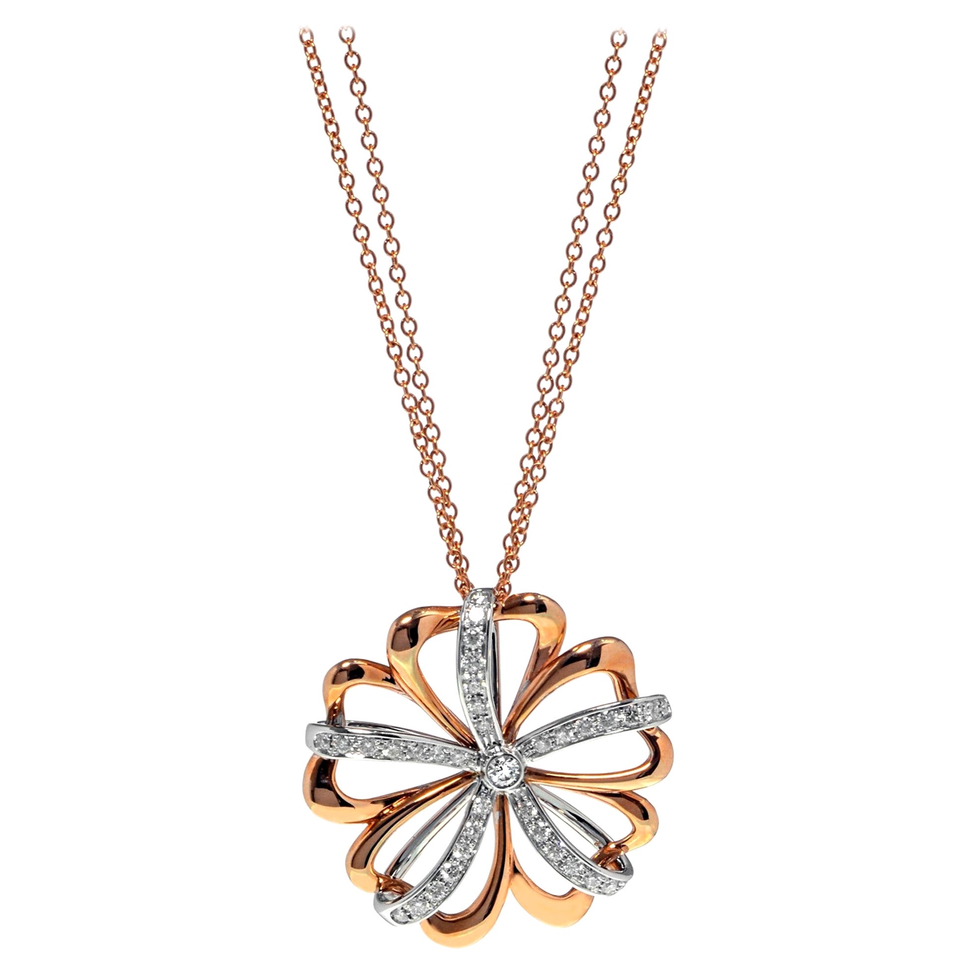 Luca Carati Diamond Flower Pendant Long Necklace 18K Rose & White Gold 0.87Cttw 