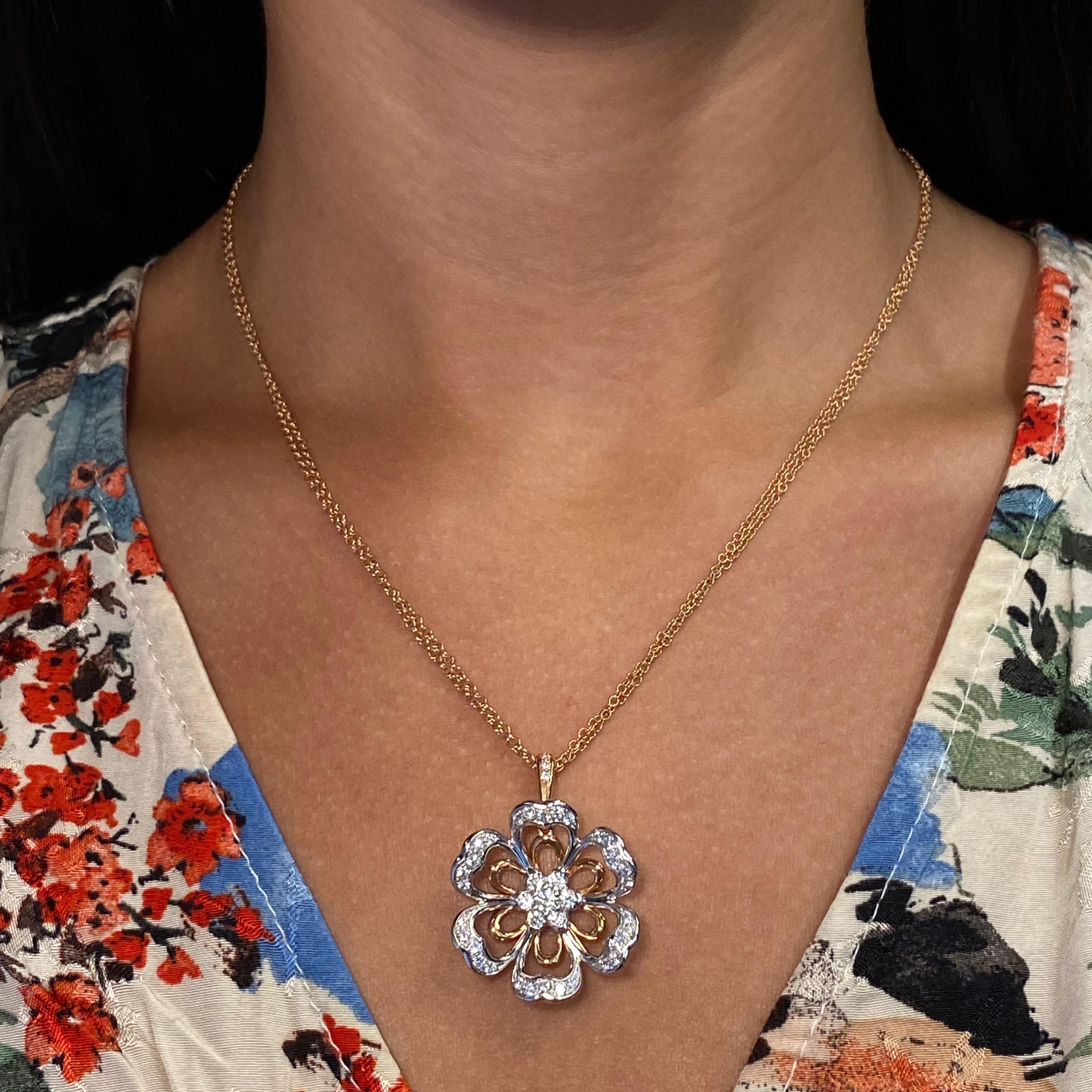 Modern Luca Carati Diamond Flower Pendant Necklace 18K Rose & White Gold 1.11Cttw For Sale