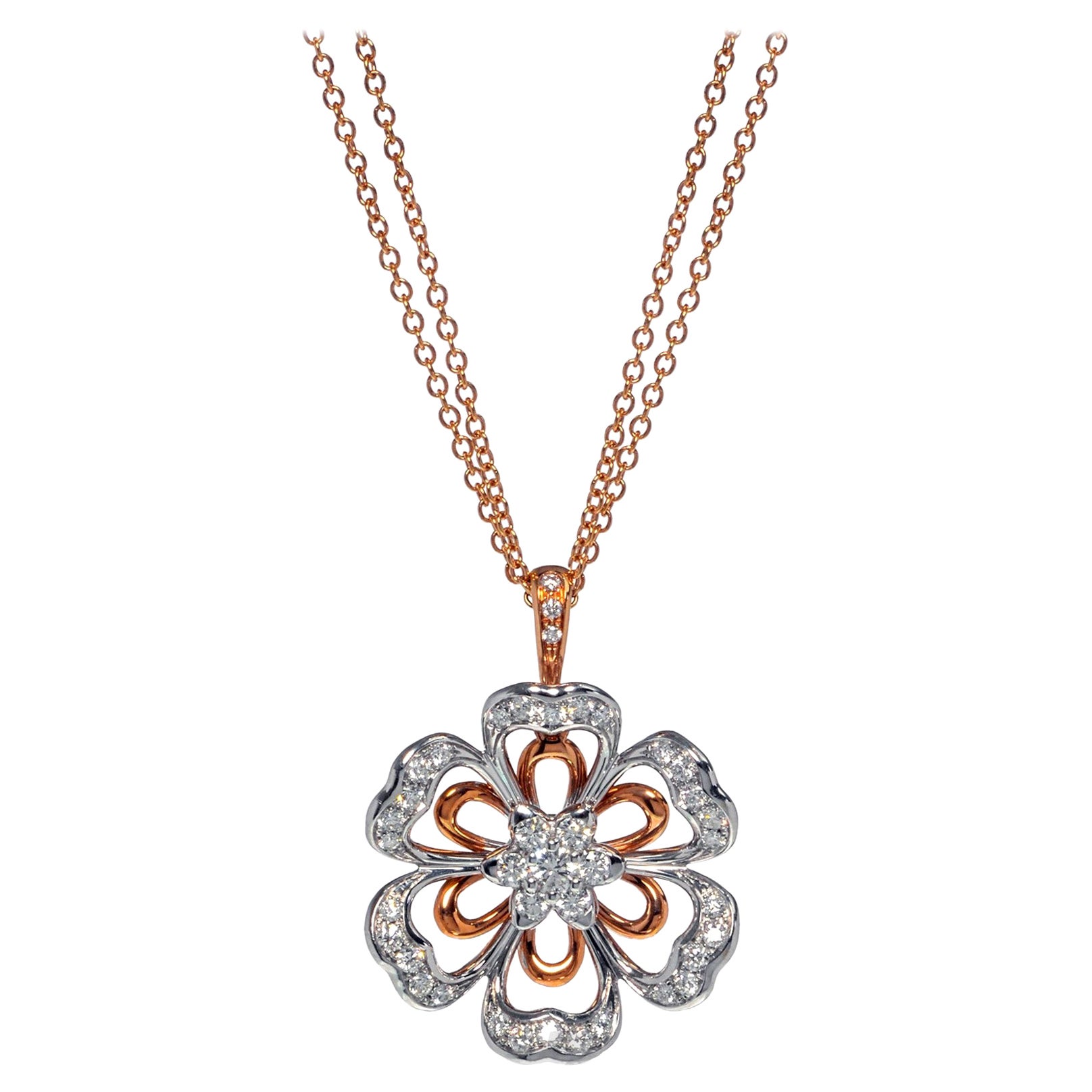 Luca Carati Diamond Flower Pendant Necklace 18K Rose & White Gold 1.11Cttw
