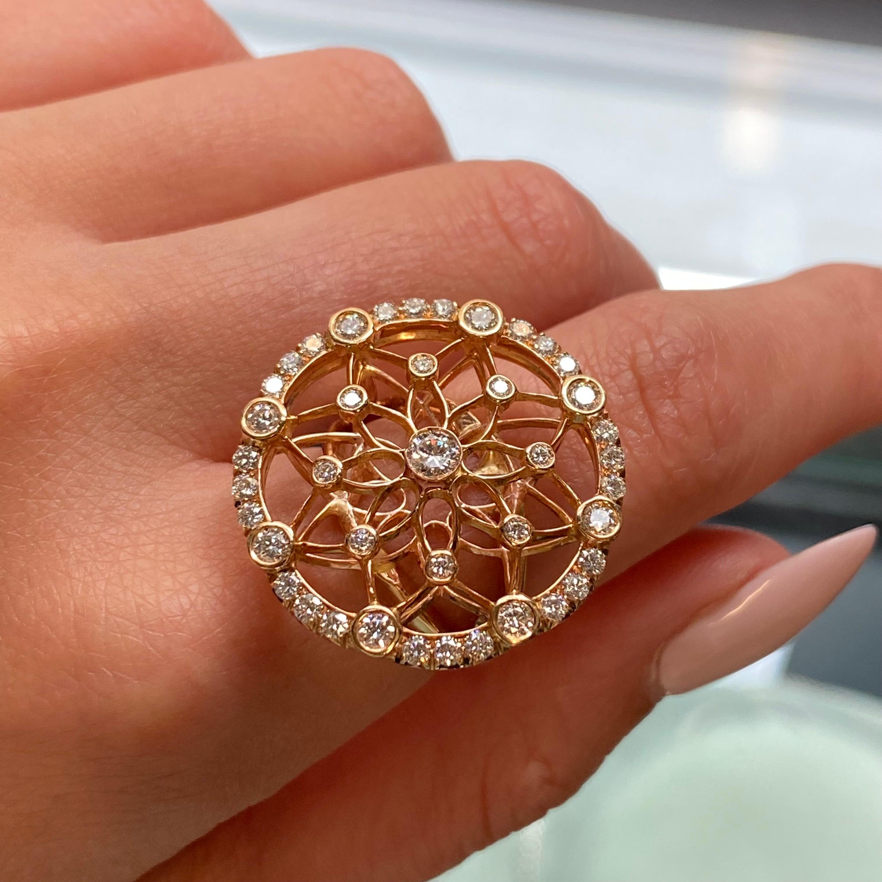 Round Cut Luca Carati Diamond Large Cocktail Ring 18K Rose Gold 1.21Cttw Size 6.75 For Sale
