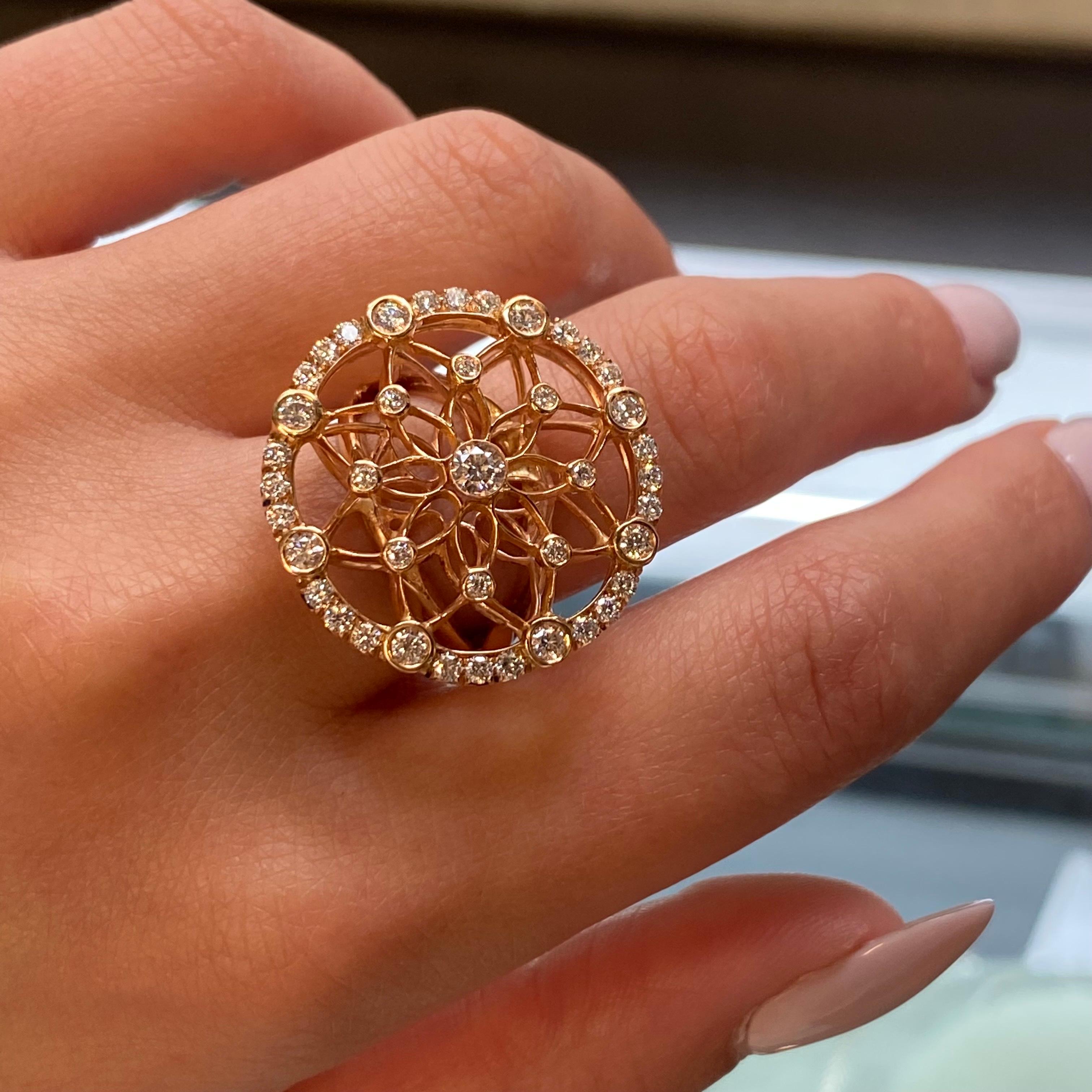 Luca Carati Diamond Large Cocktail Ring 18K Rose Gold 1.21Cttw Size 6.75 In New Condition For Sale In New York, NY