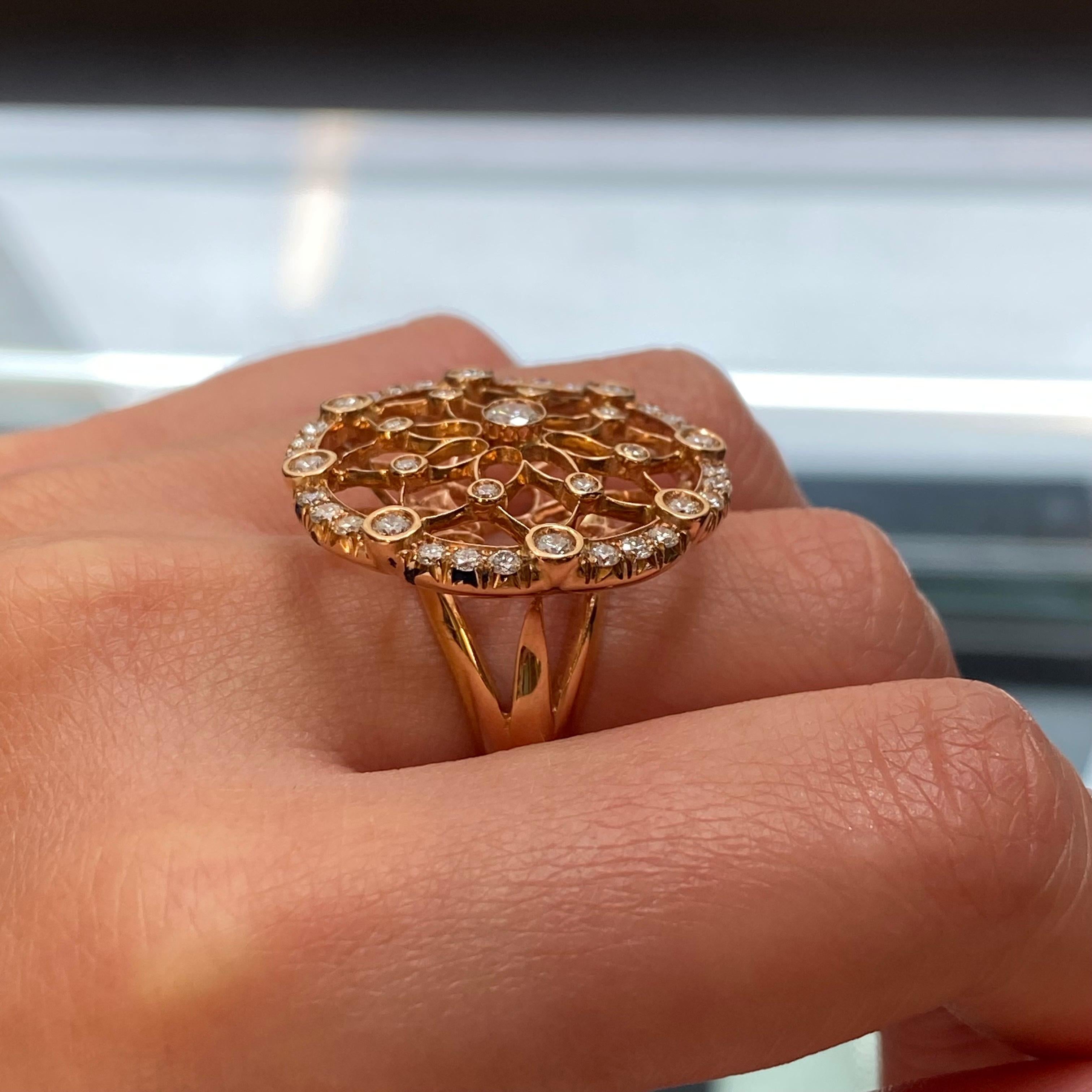 Women's Luca Carati Diamond Large Cocktail Ring 18K Rose Gold 1.21Cttw Size 6.75 For Sale