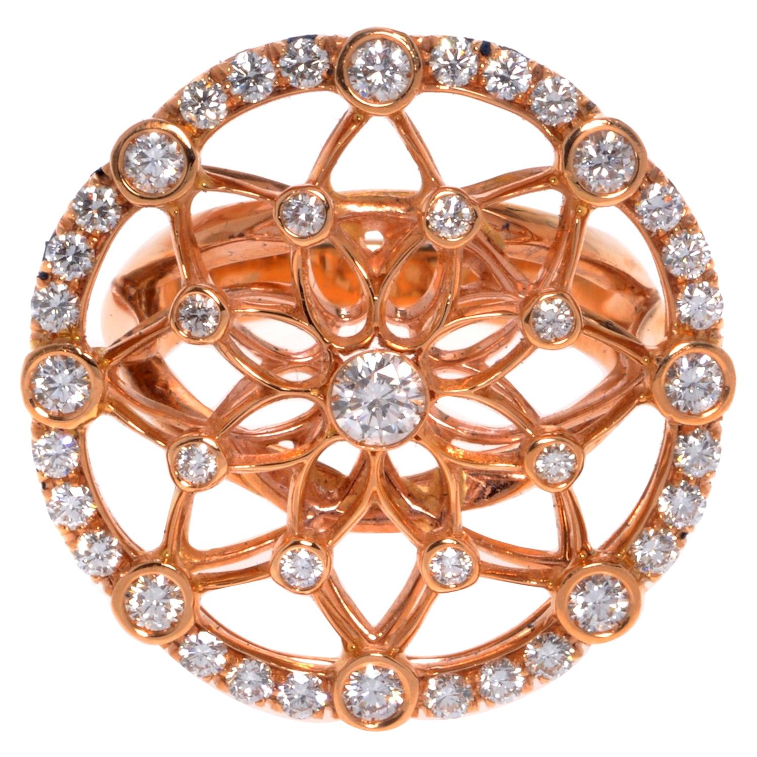 Luca Carati Diamond Large Cocktail Ring 18K Rose Gold 1.21Cttw Size 6.75 For Sale