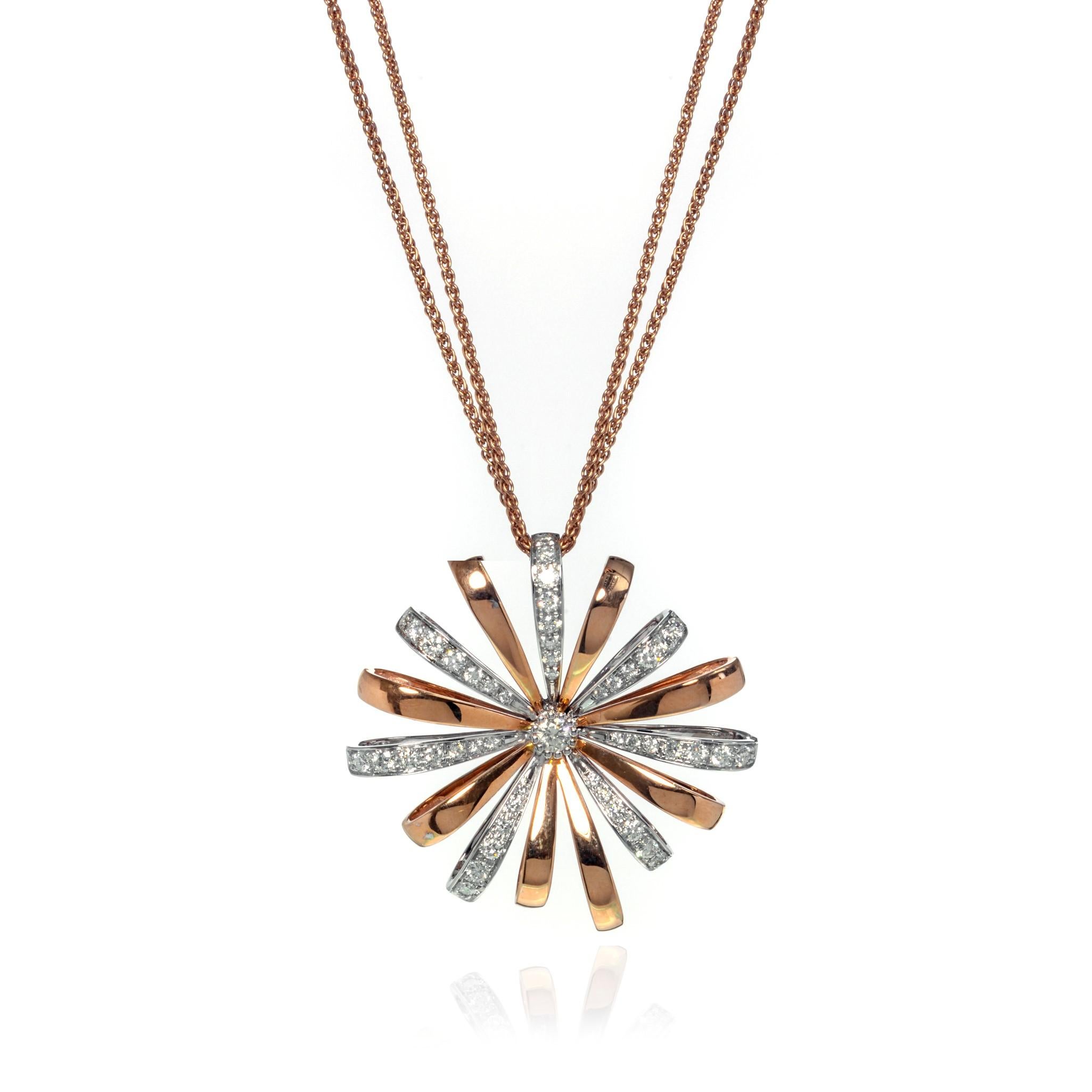 Round Cut Luca Carati Diamond Pendant Long Necklace 18K Rose & White Gold 1.28Cttw For Sale