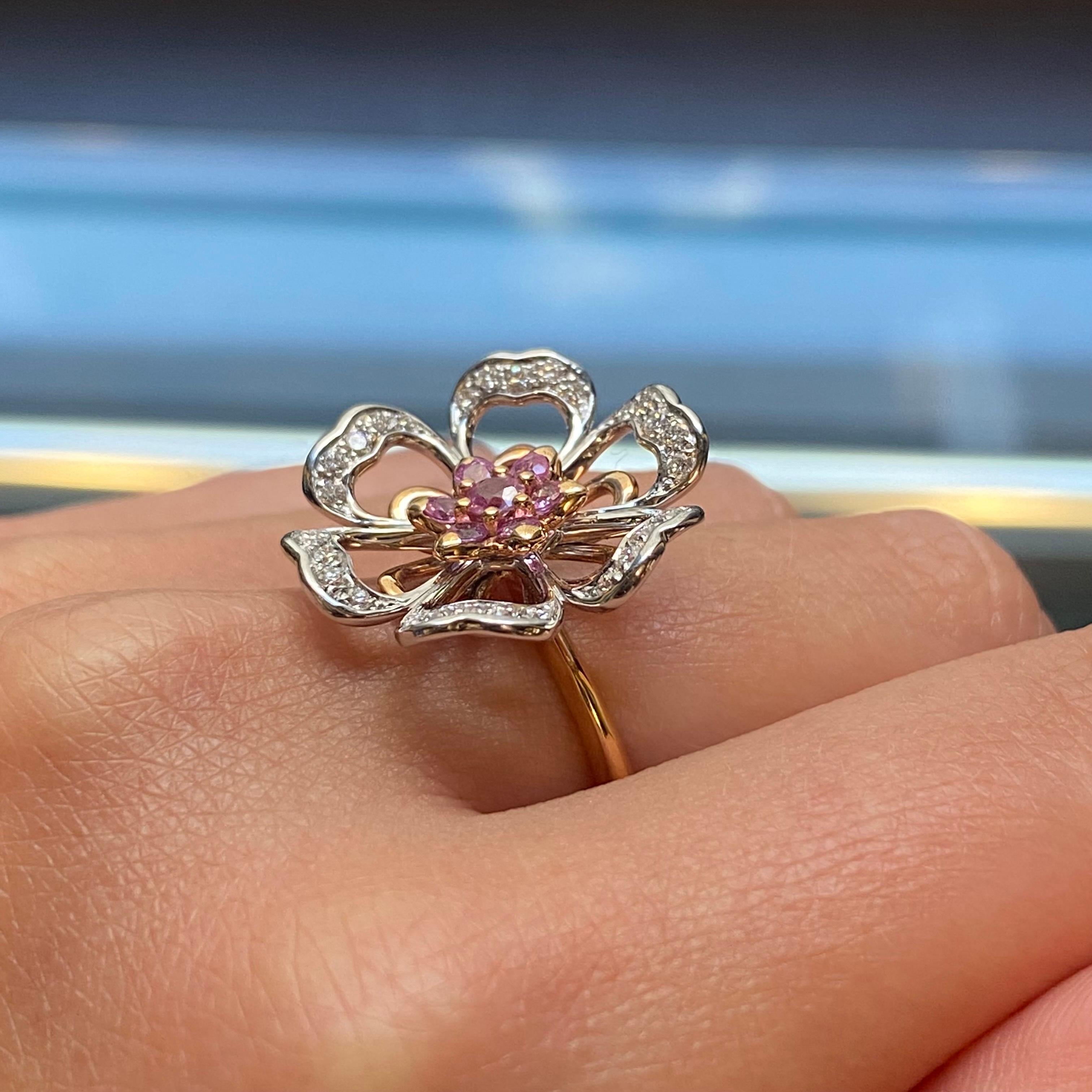 Modern Luca Carati Diamond & Pink Sapphire Cocktail Ring 18K Gold Size 7 For Sale