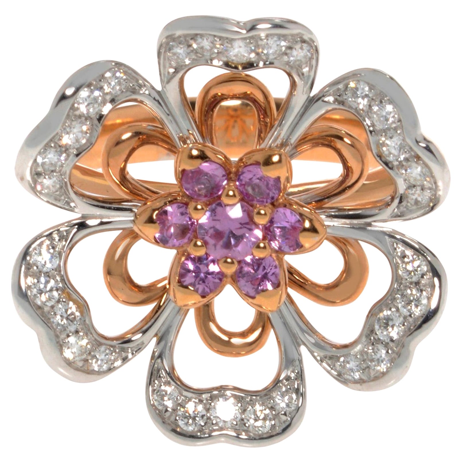 Luca Carati Diamond & Pink Sapphire Cocktail Ring 18K Gold Size 7 For Sale