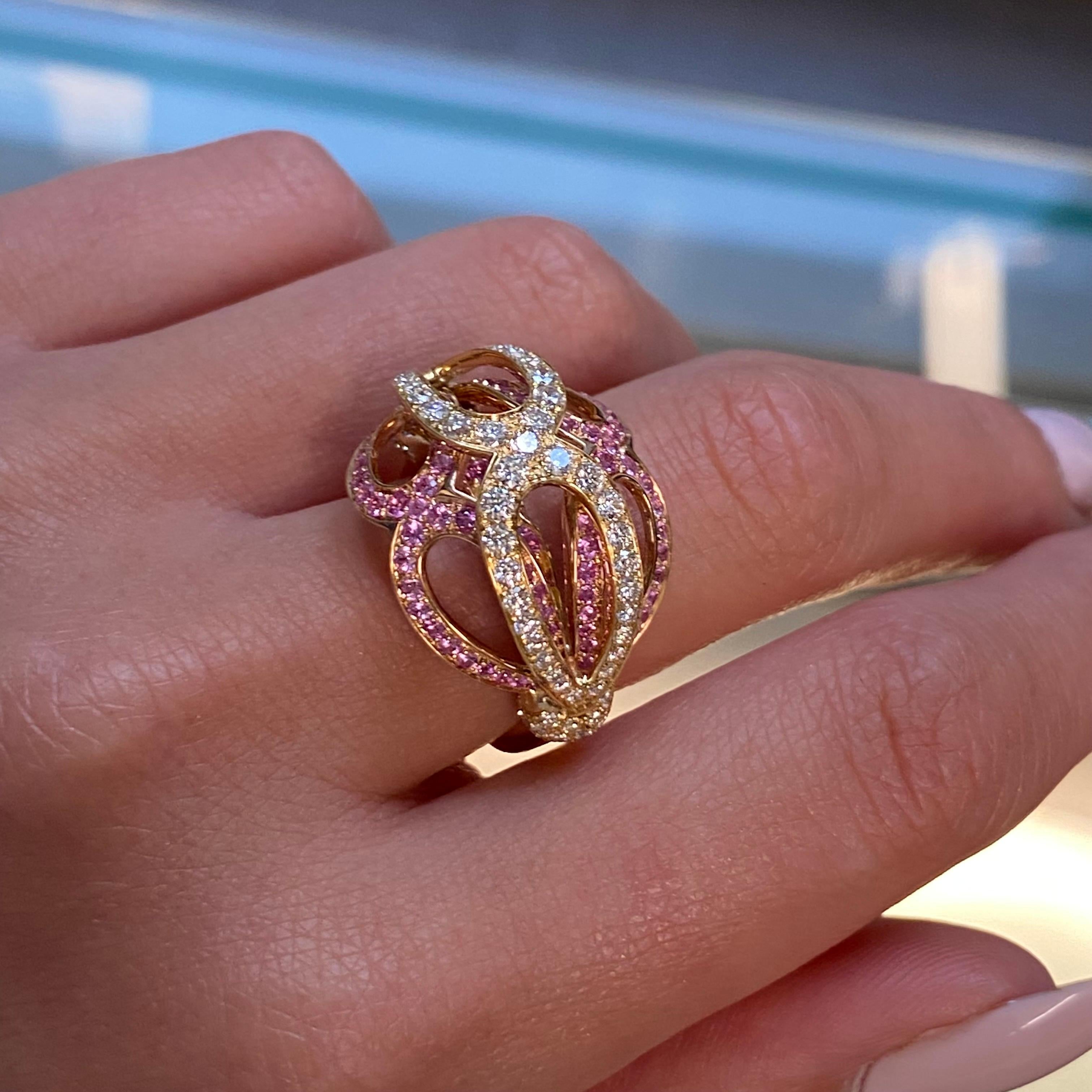 Luca Carati Diamond & Pink Sapphire Cocktail Ring 18K Yellow Gold 1.06Cttw In New Condition For Sale In New York, NY
