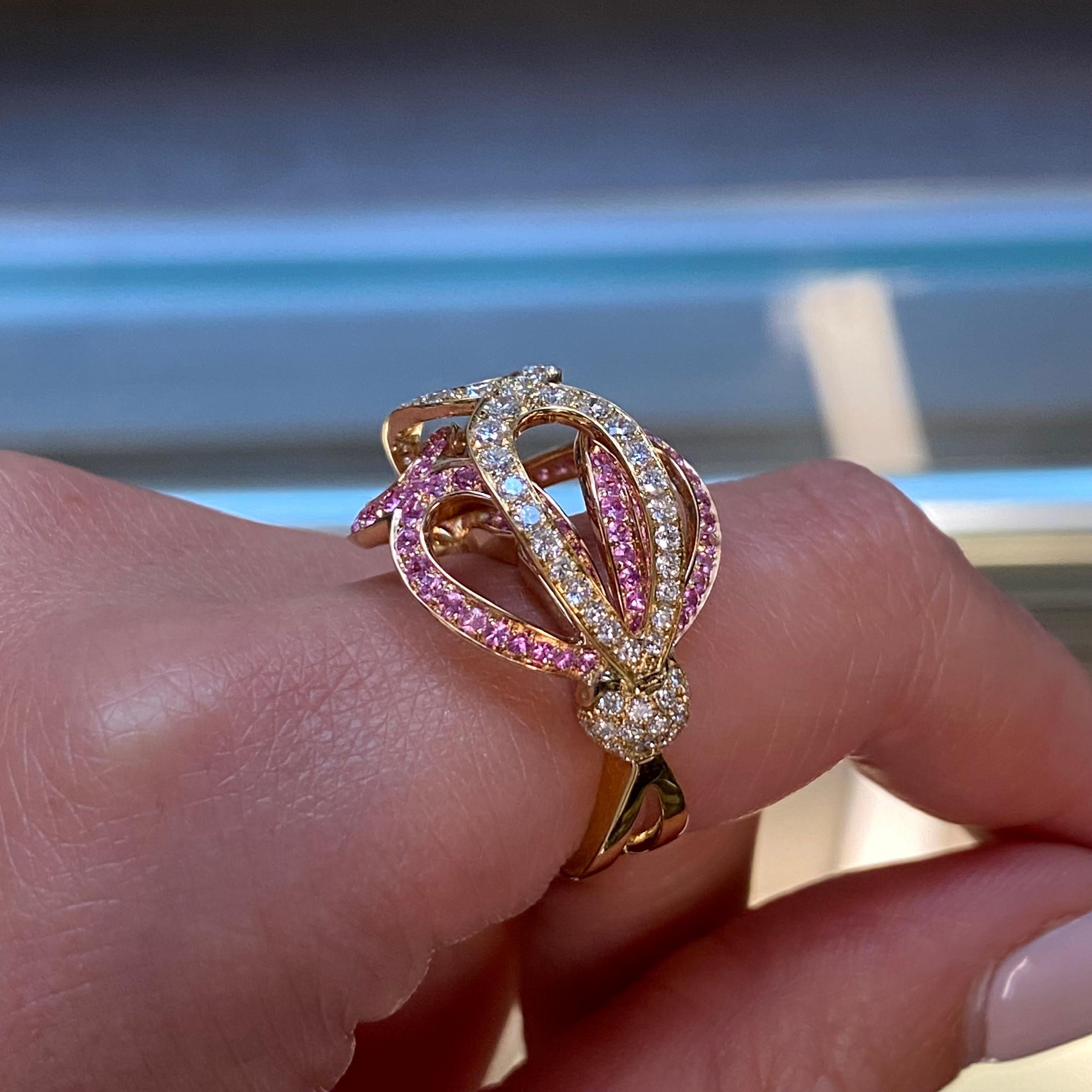 Women's Luca Carati Diamond & Pink Sapphire Cocktail Ring 18K Yellow Gold 1.06Cttw For Sale