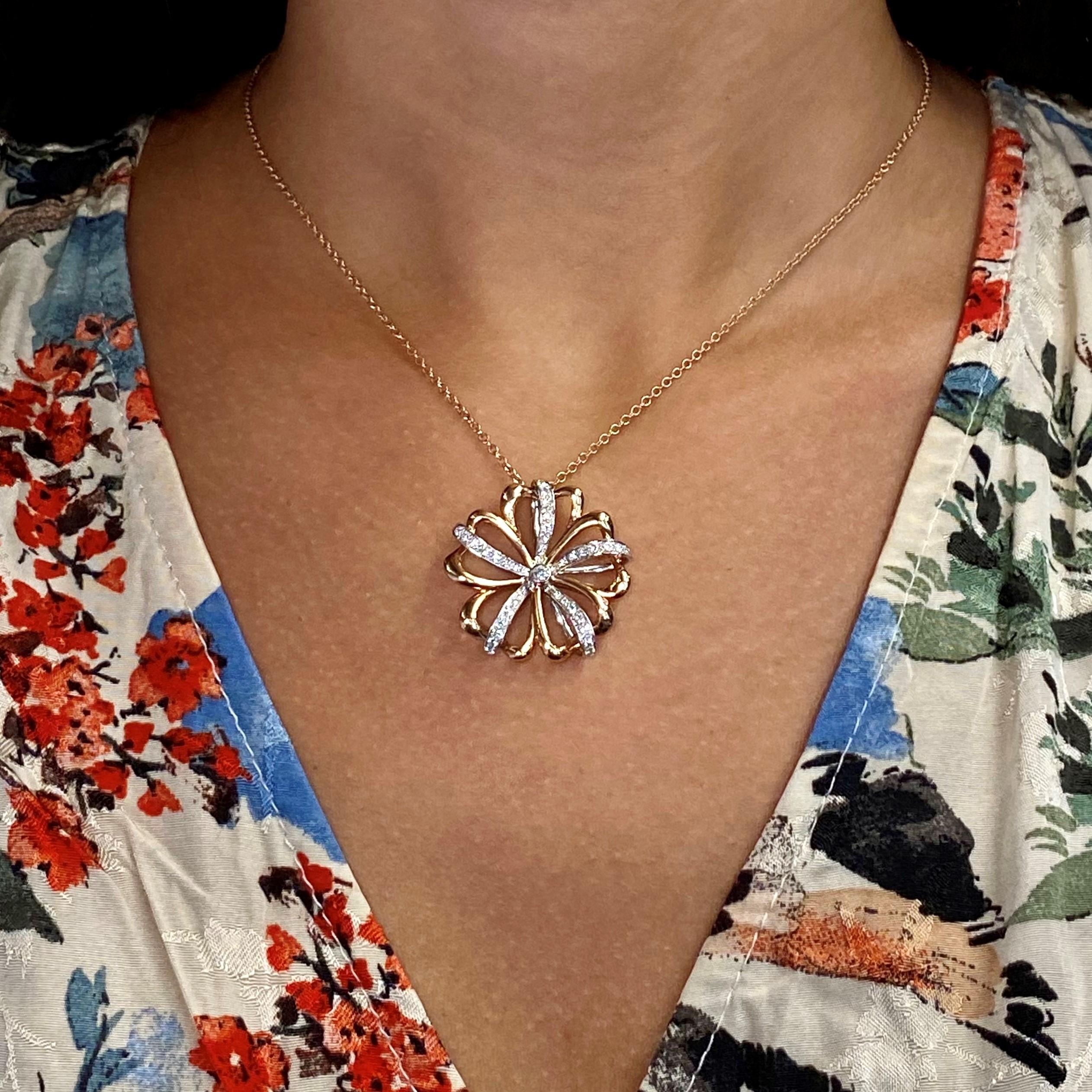 Round Cut Luca Carati Flower Pendant Necklace 18K Rose & White Gold 0.39Cttw For Sale