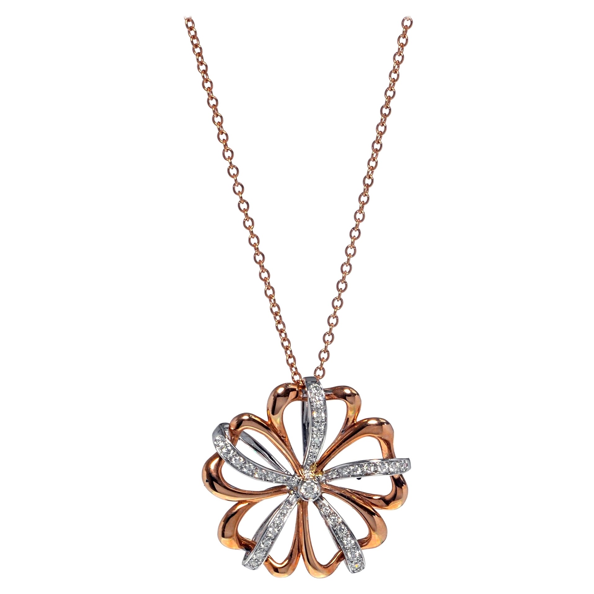 Luca Carati Flower Pendant Necklace 18K Rose & White Gold 0.39Cttw For Sale