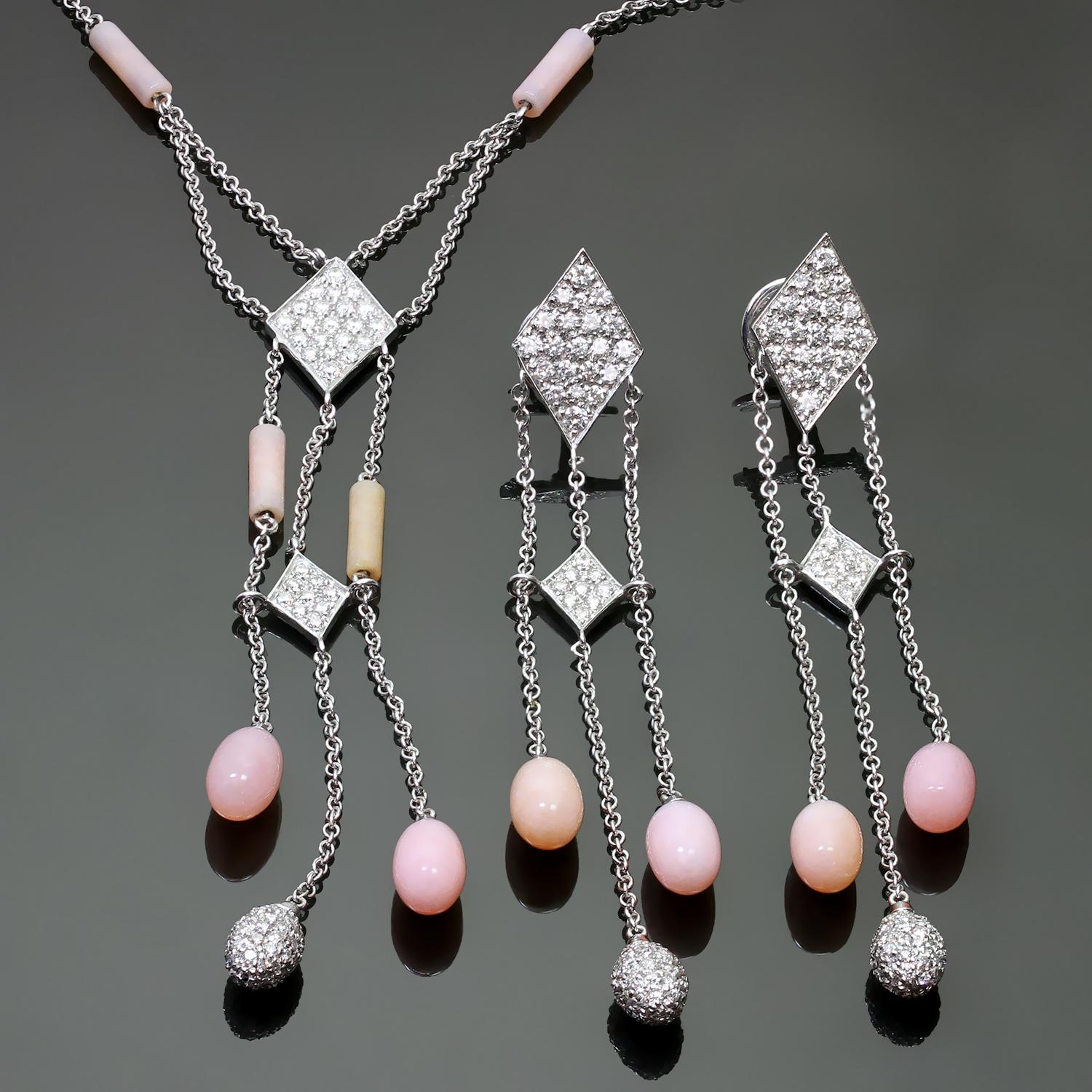 The gorgeous Luca Carati jewelry suite is crafted in 18k white gold and includes a pair of drop earrings for pierced ears set with oval-shaped pink opal drops measuring 9.70mm x 6.00mm and full-cut diamonds of an estimated 3.0 carats, together with