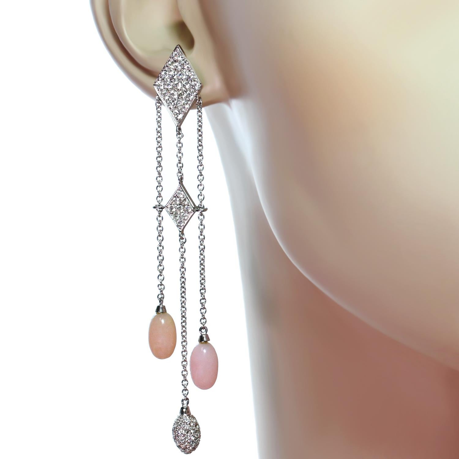 Luca Carati Pink Opal Diamond White Gold Necklace and Earrings Suite In Excellent Condition In New York, NY