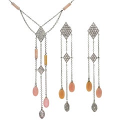 Luca Carati Pink Opal Diamond White Gold Necklace and Earrings Suite