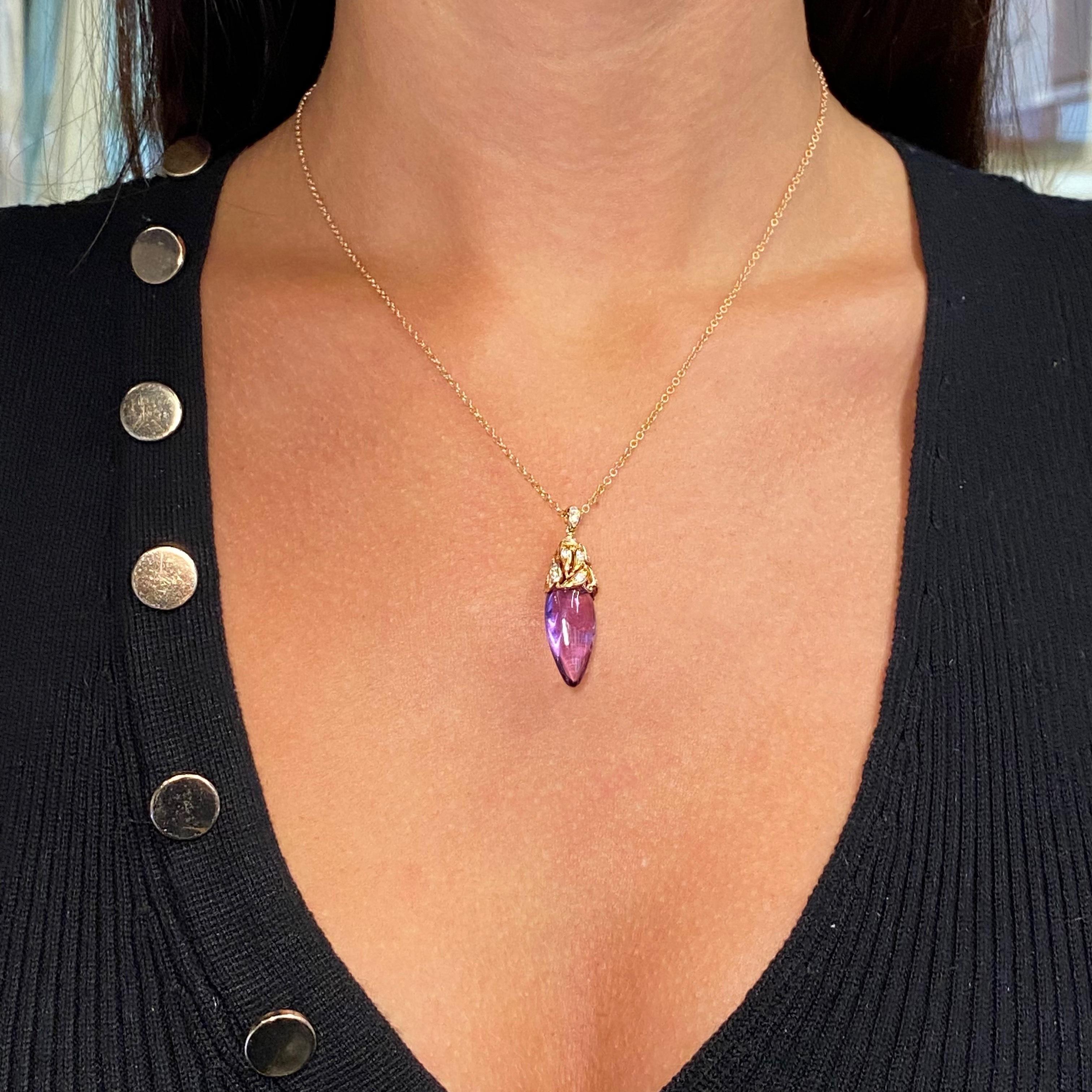 Modern Luca Carati Purple Amethyst & Diamond Pendant Necklace 18K Rose Gold 0.17Cttw For Sale