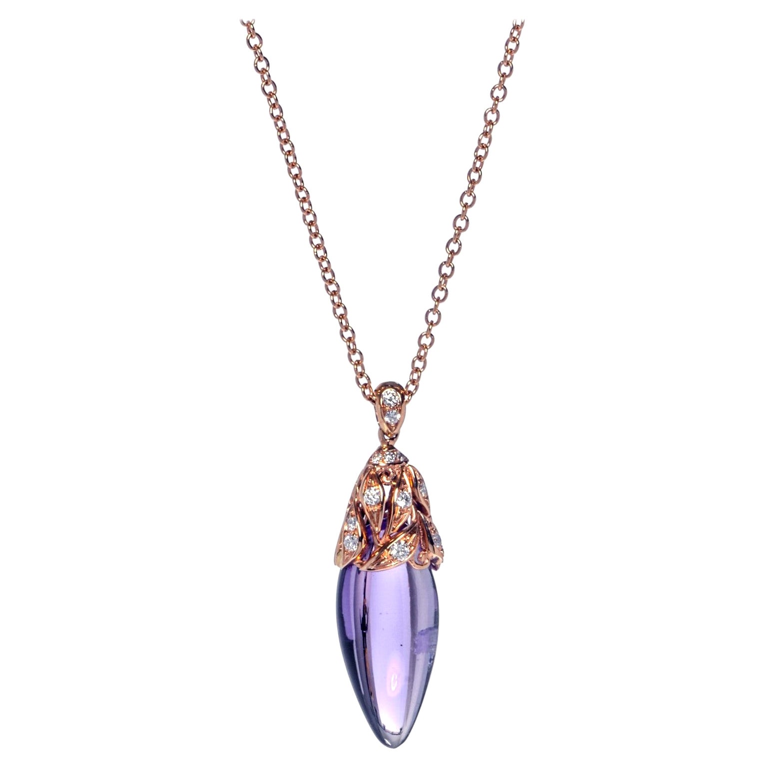 Luca Carati Purple Amethyst & Diamond Pendant Necklace 18K Rose Gold 0.17Cttw For Sale