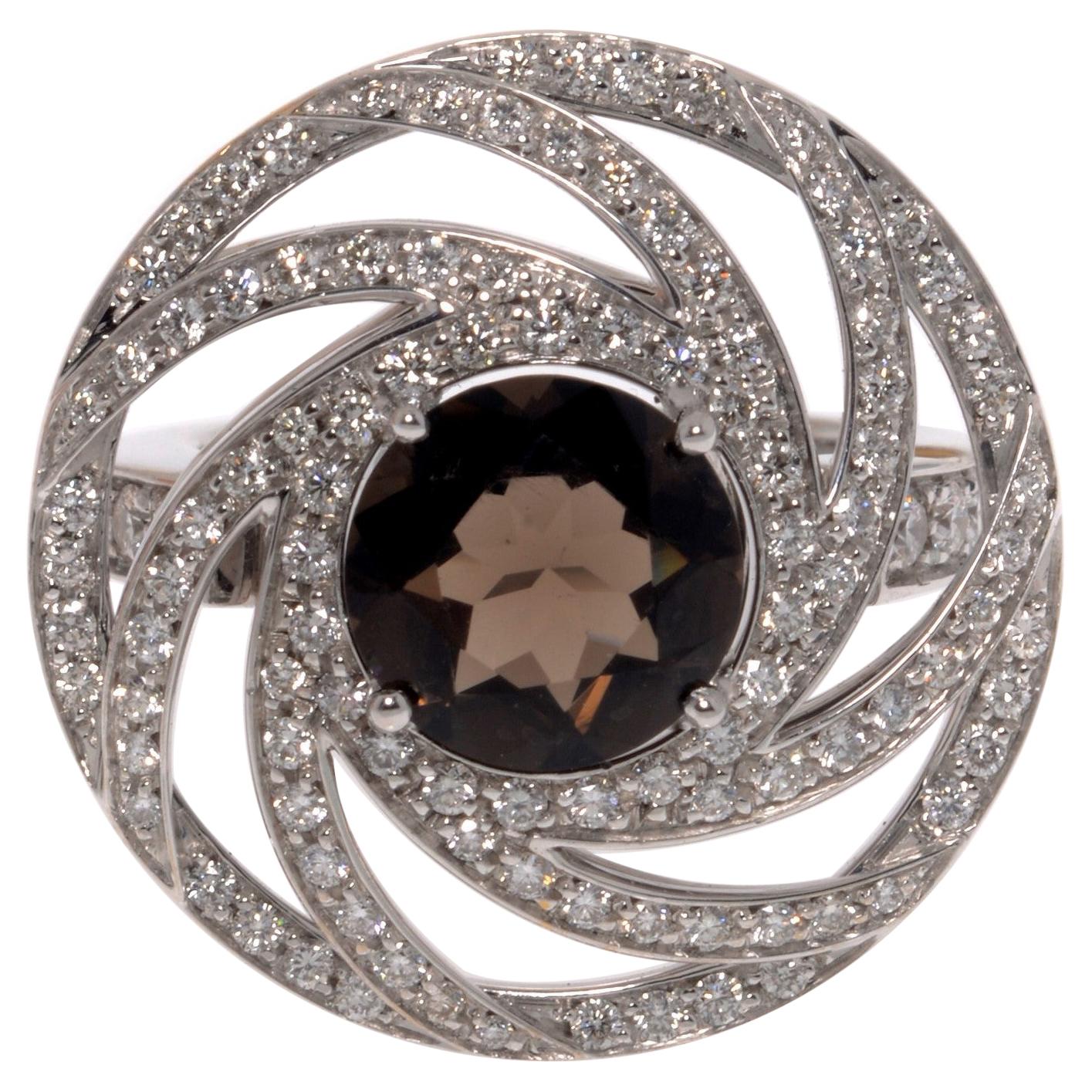 Luca Carati Smoky Quartz & Diamond Ring 18K White Gold 1.18 Cttw Size 7 For Sale