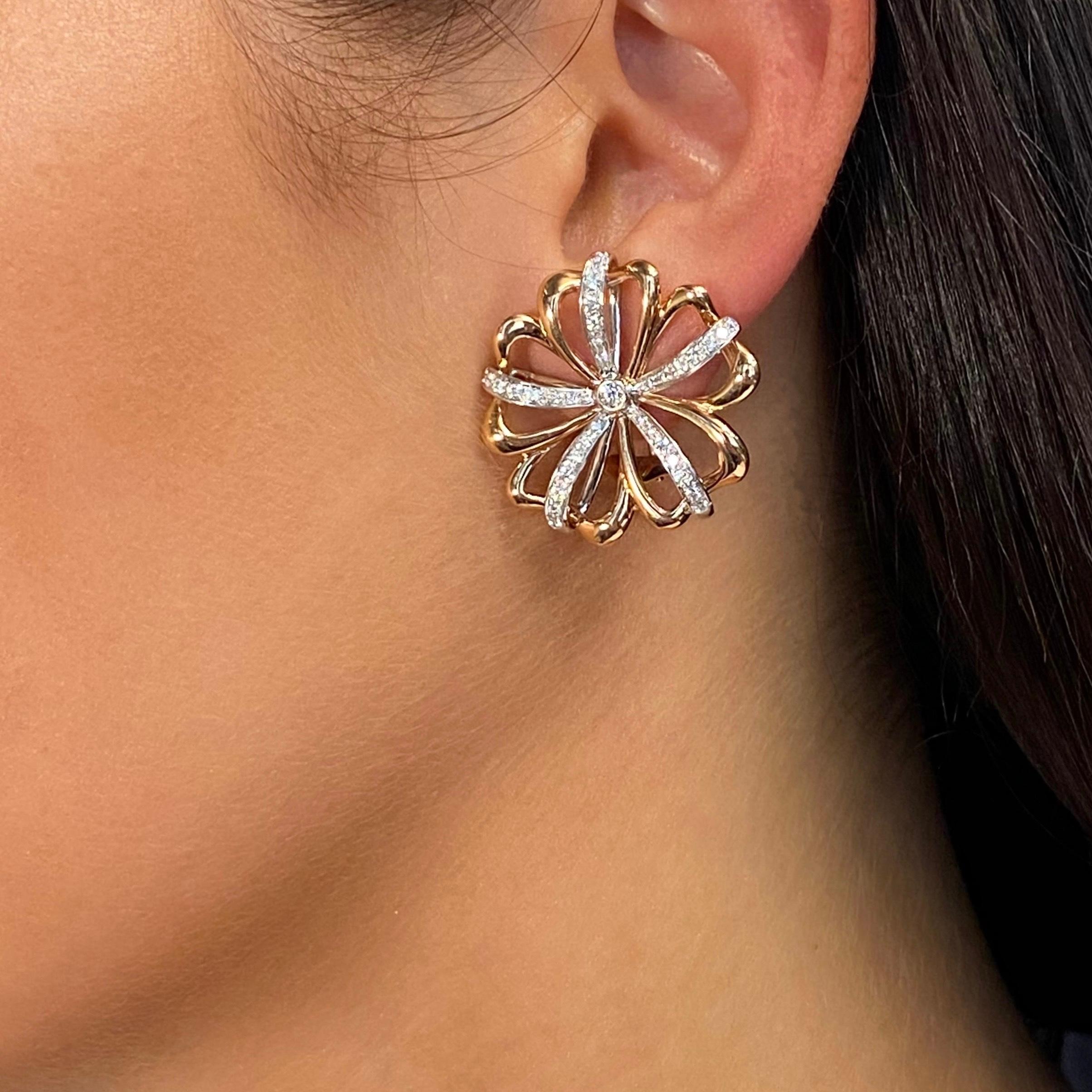Rose Cut Luca Carati Two Tone Diamond Flower Earrings 18K Rose & White Gold 0.78Cttw For Sale