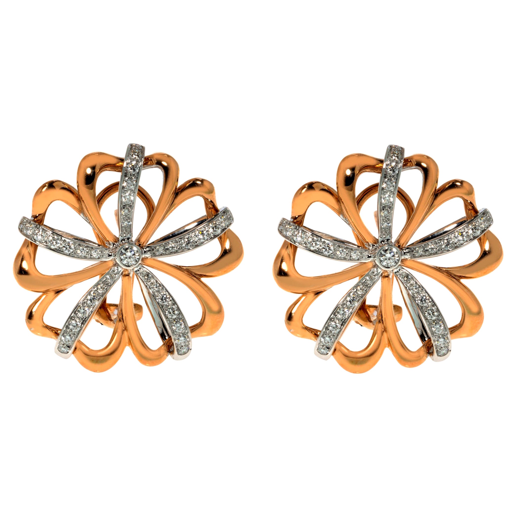Luca Carati Two Tone Diamond Flower Earrings 18K Rose & White Gold 0.78Cttw For Sale
