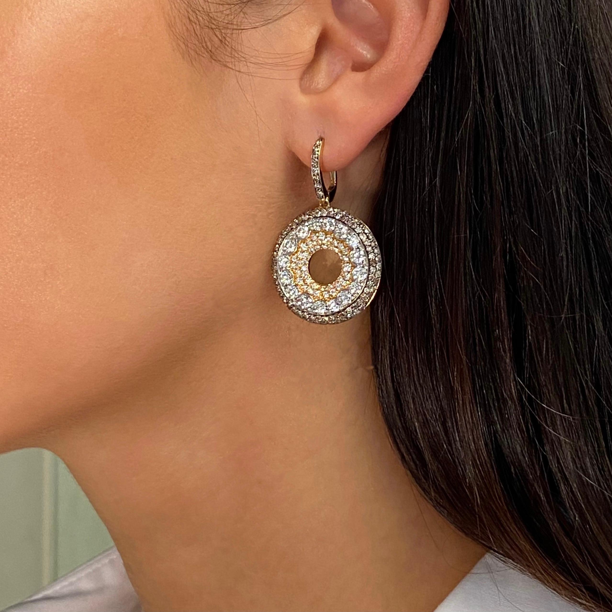 Round Cut Luca Carati White & Brown Diamond Drop Earrings 18K Yellow Gold 5.73Cttw For Sale