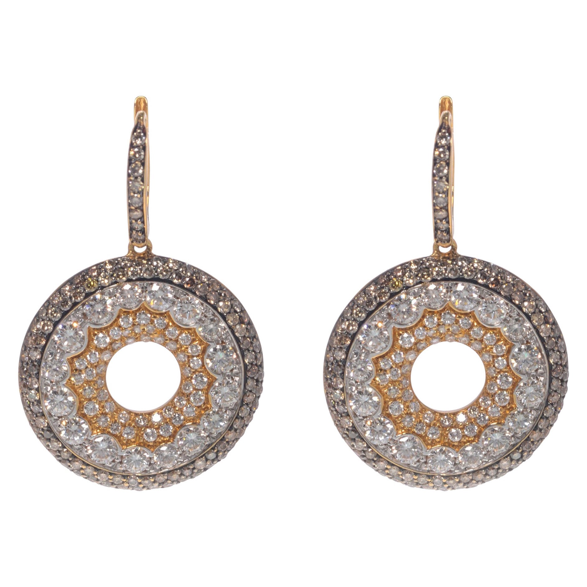 Luca Carati White & Brown Diamond Drop Earrings 18K Yellow Gold 5.73Cttw For Sale