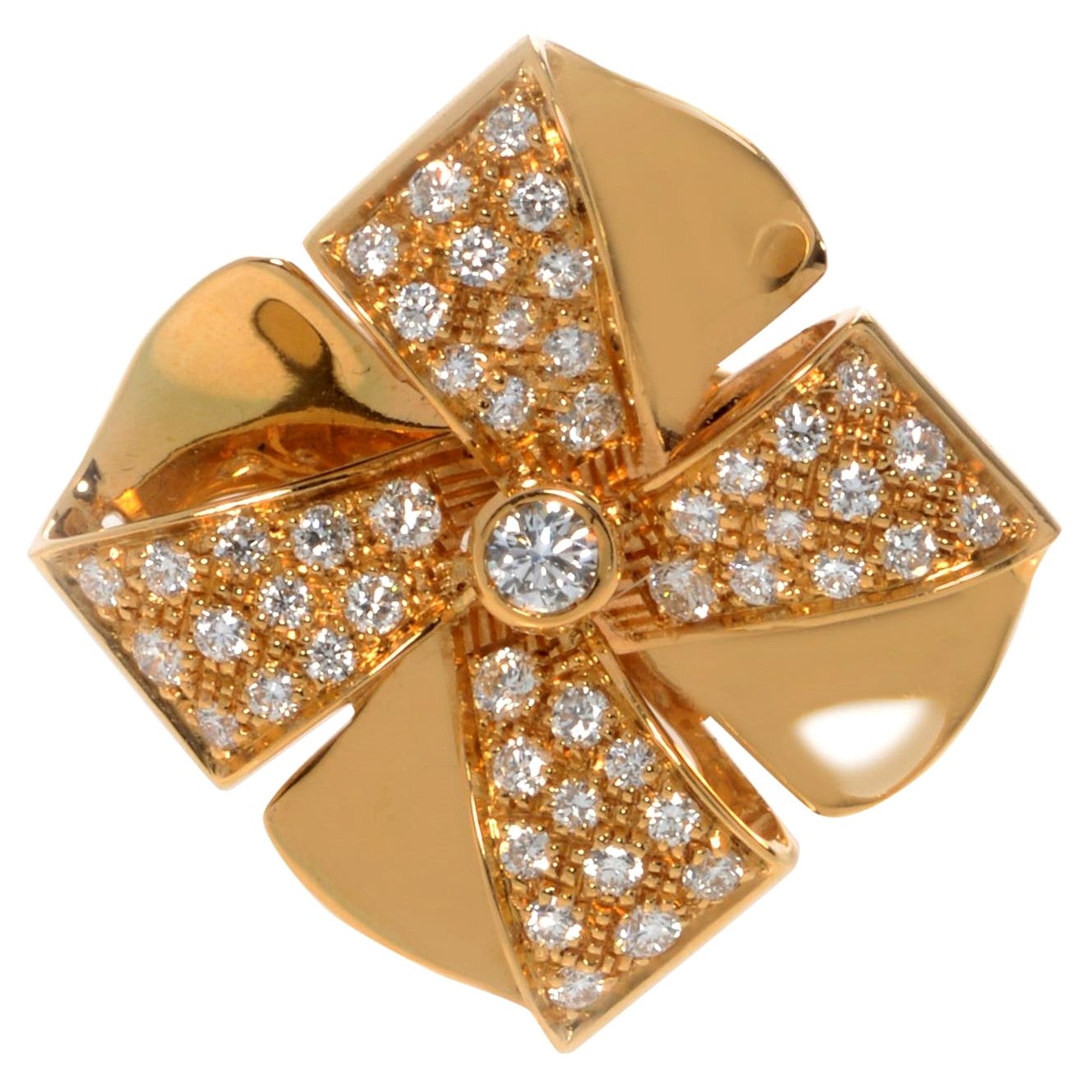 Luca Carati Yellow Gold Diamond Flower Cocktail Ring 0.71Cttw C1BB For Sale
