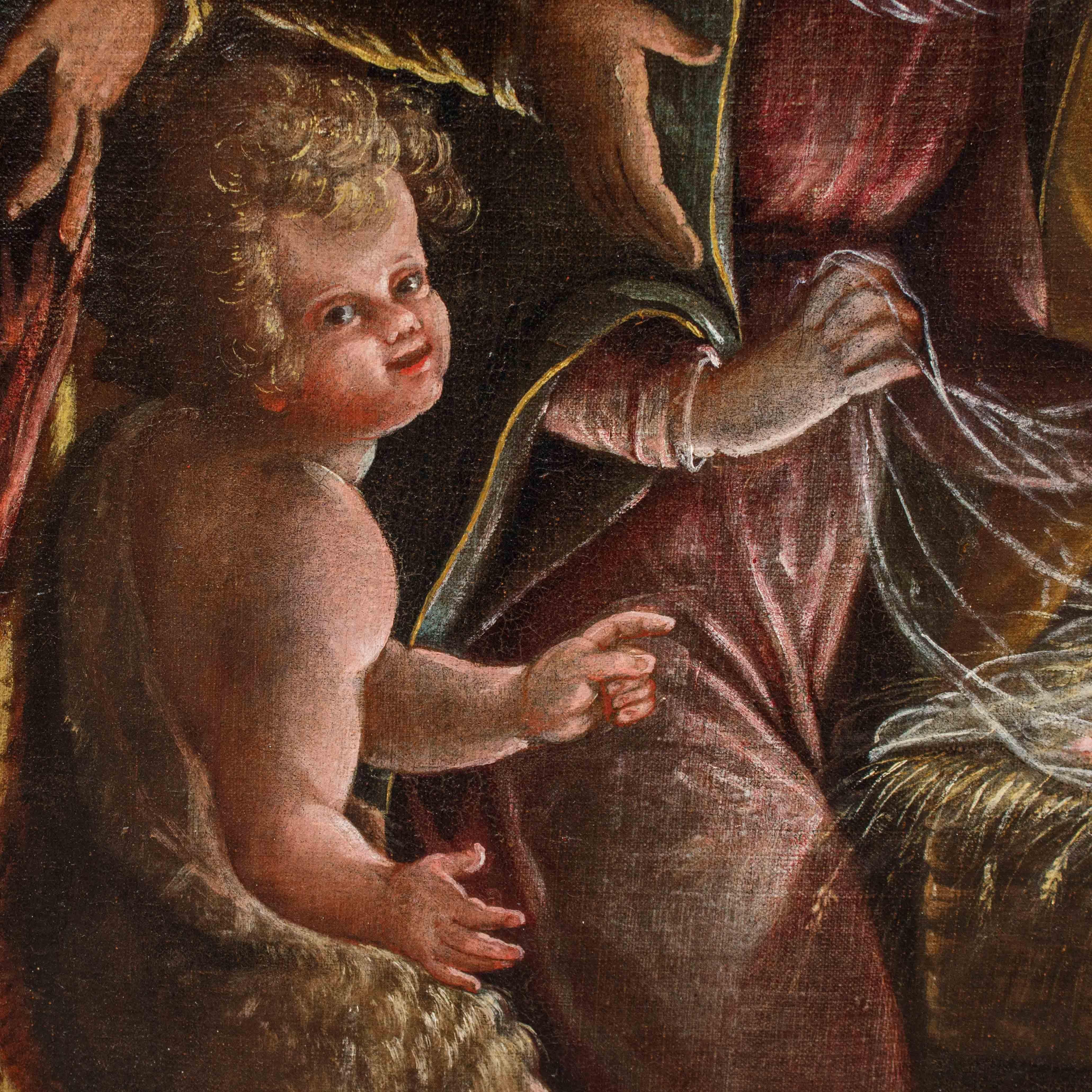 Adoration of the Shepherds Oil painting on canvas attributed to Luca Cattapane For Sale 9