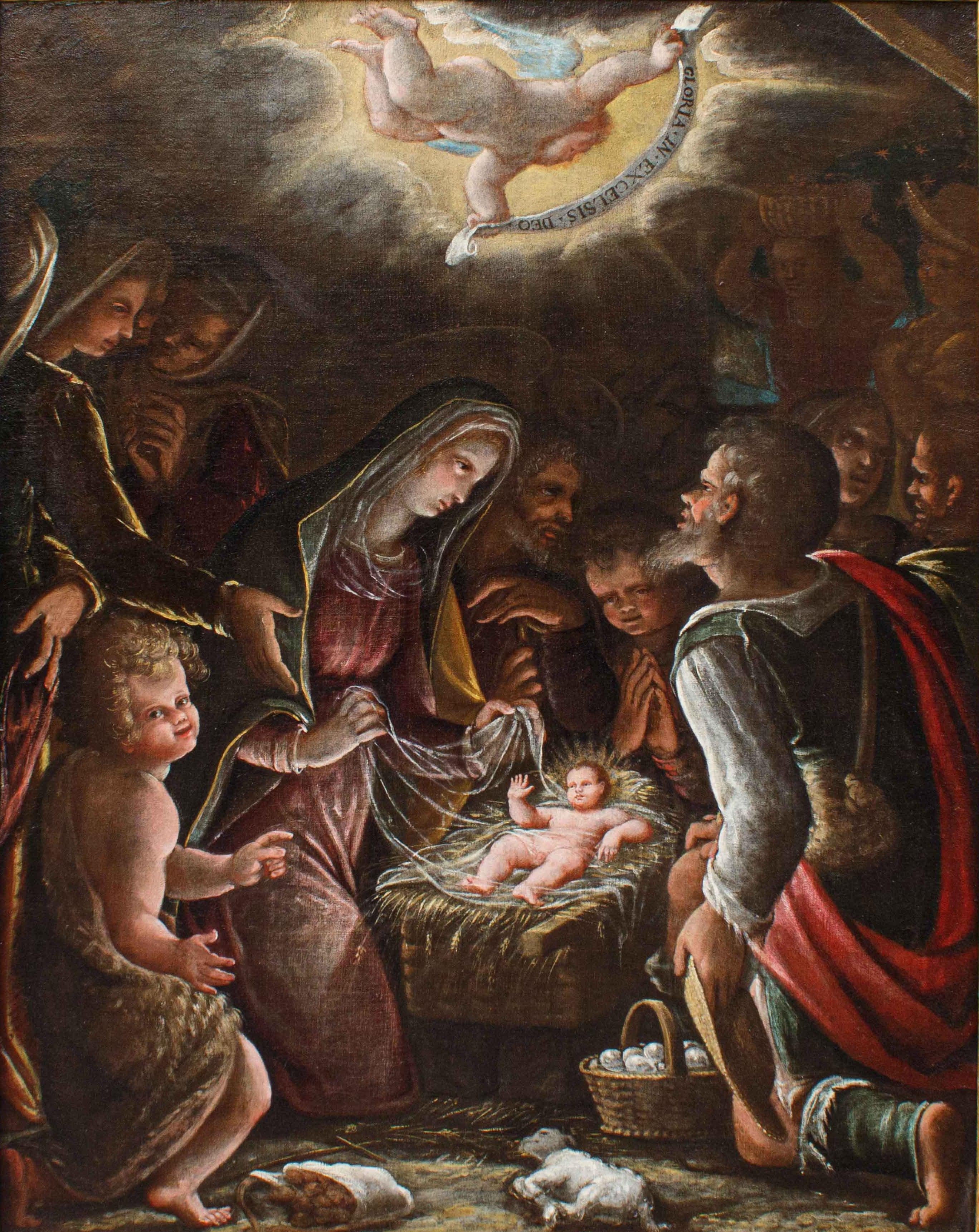 Adoration of the Shepherds Oil painting on canvas attributed to Luca Cattapane For Sale 1
