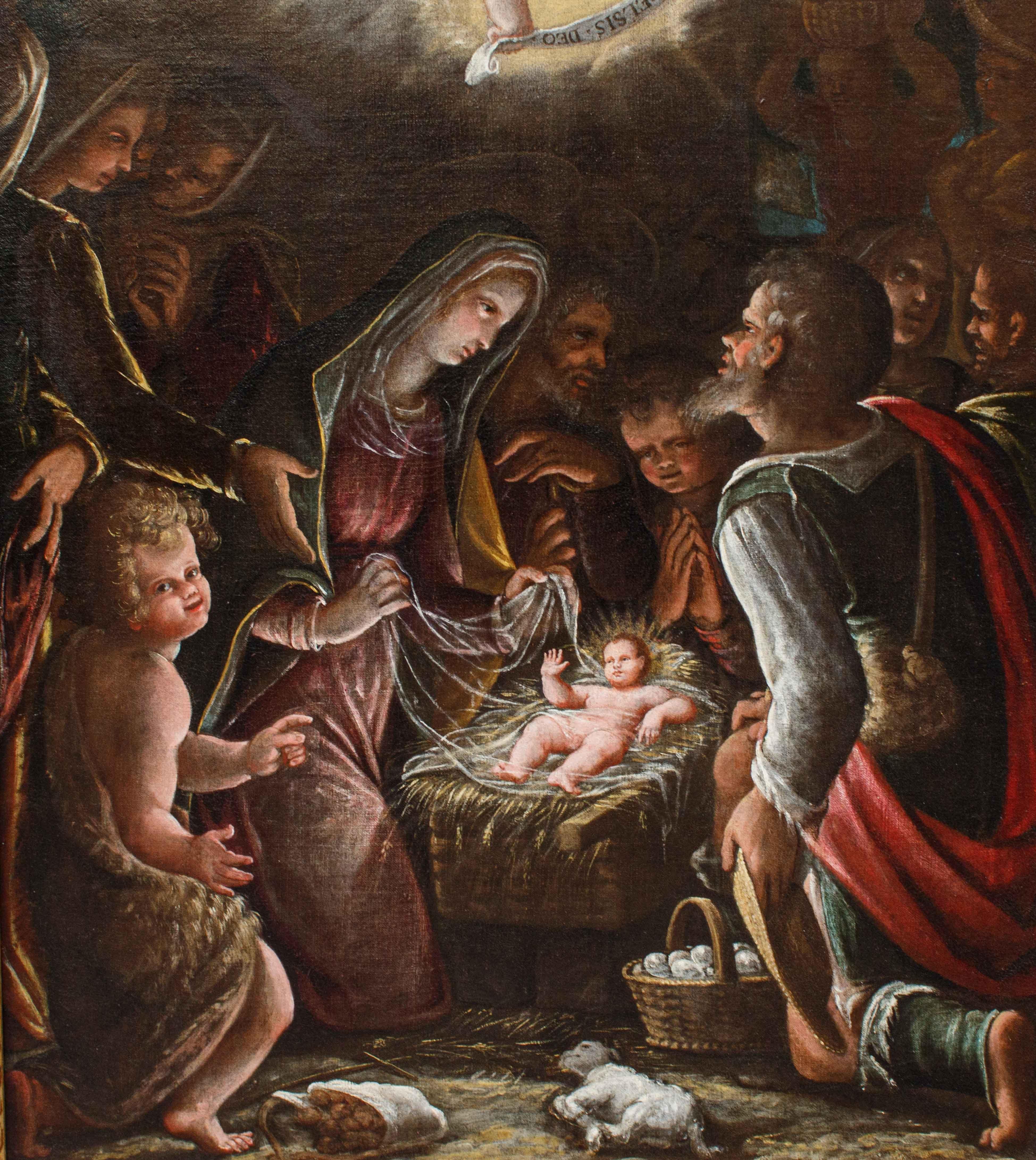 Adoration of the Shepherds Oil painting on canvas attributed to Luca Cattapane For Sale 2