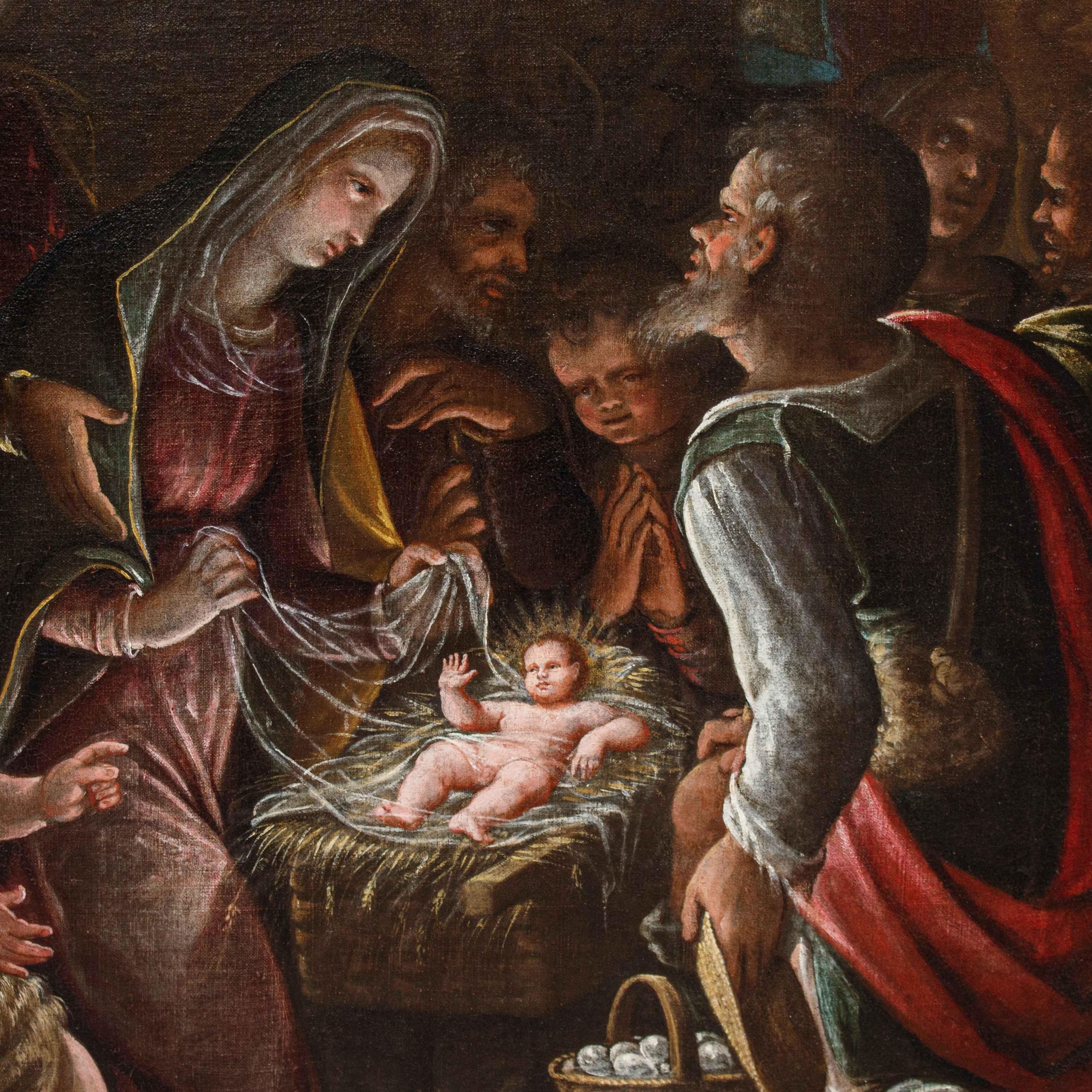 Adoration of the Shepherds Oil painting on canvas attributed to Luca Cattapane For Sale 3