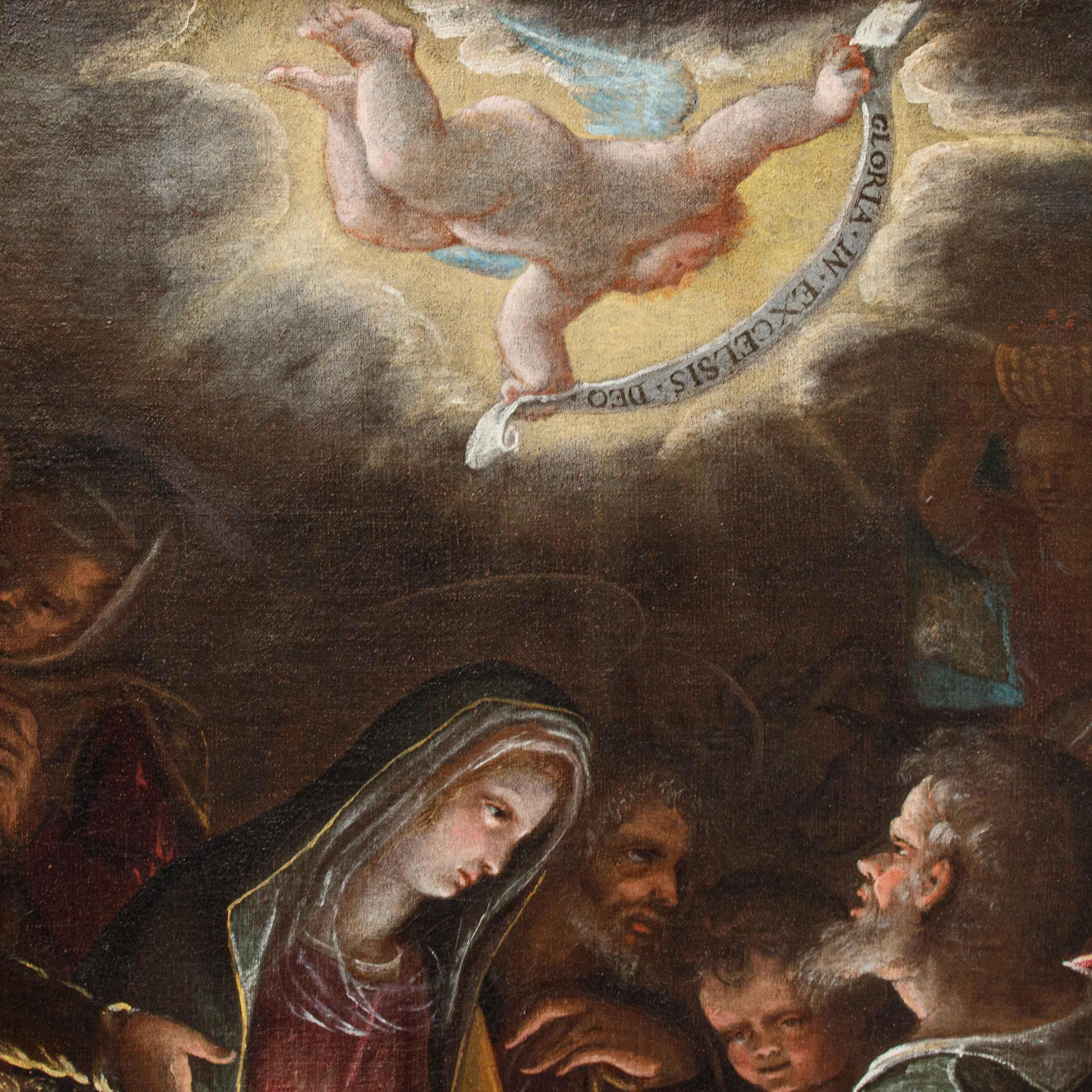 Adoration of the Shepherds Oil painting on canvas attributed to Luca Cattapane For Sale 4