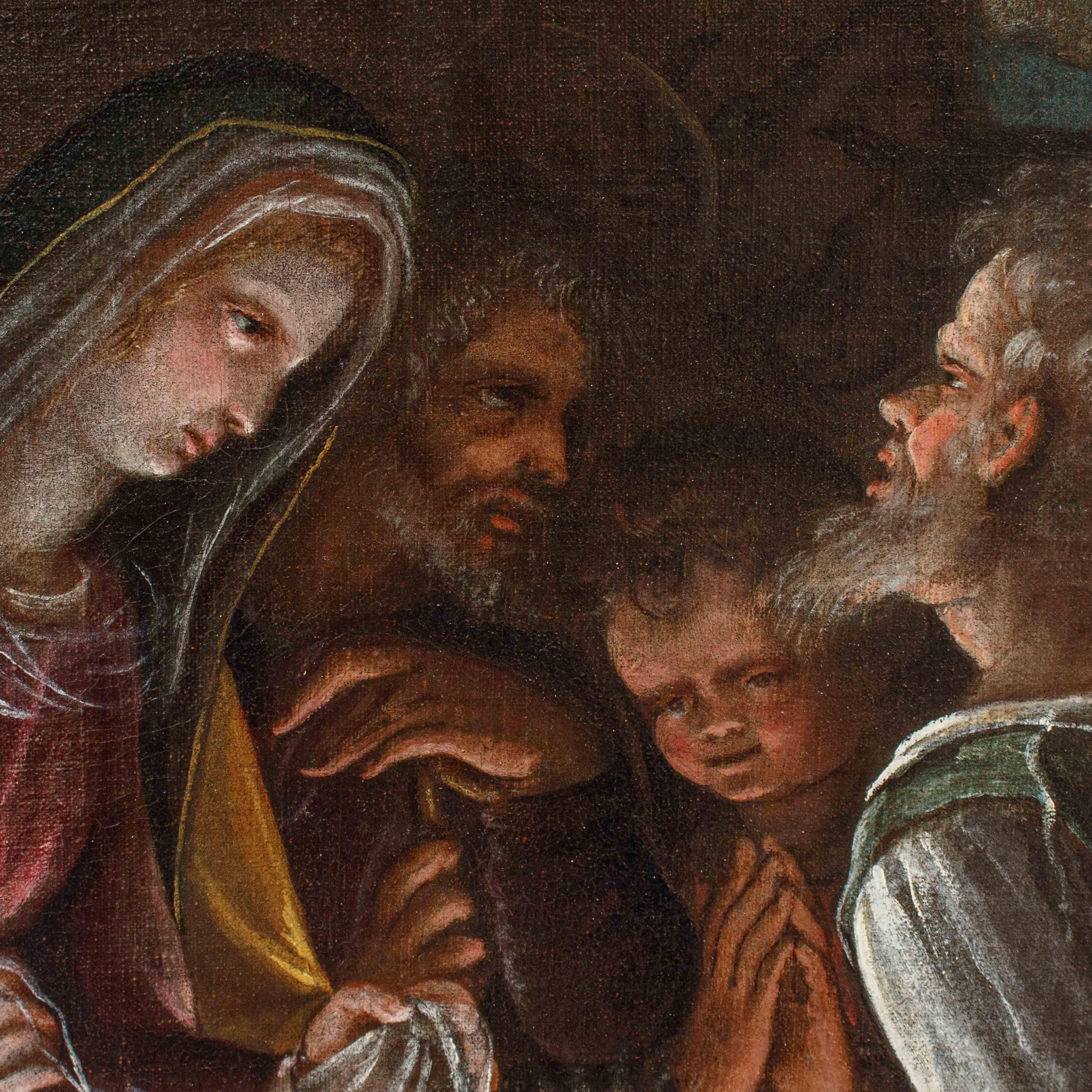 Adoration of the Shepherds Oil painting on canvas attributed to Luca Cattapane For Sale 5