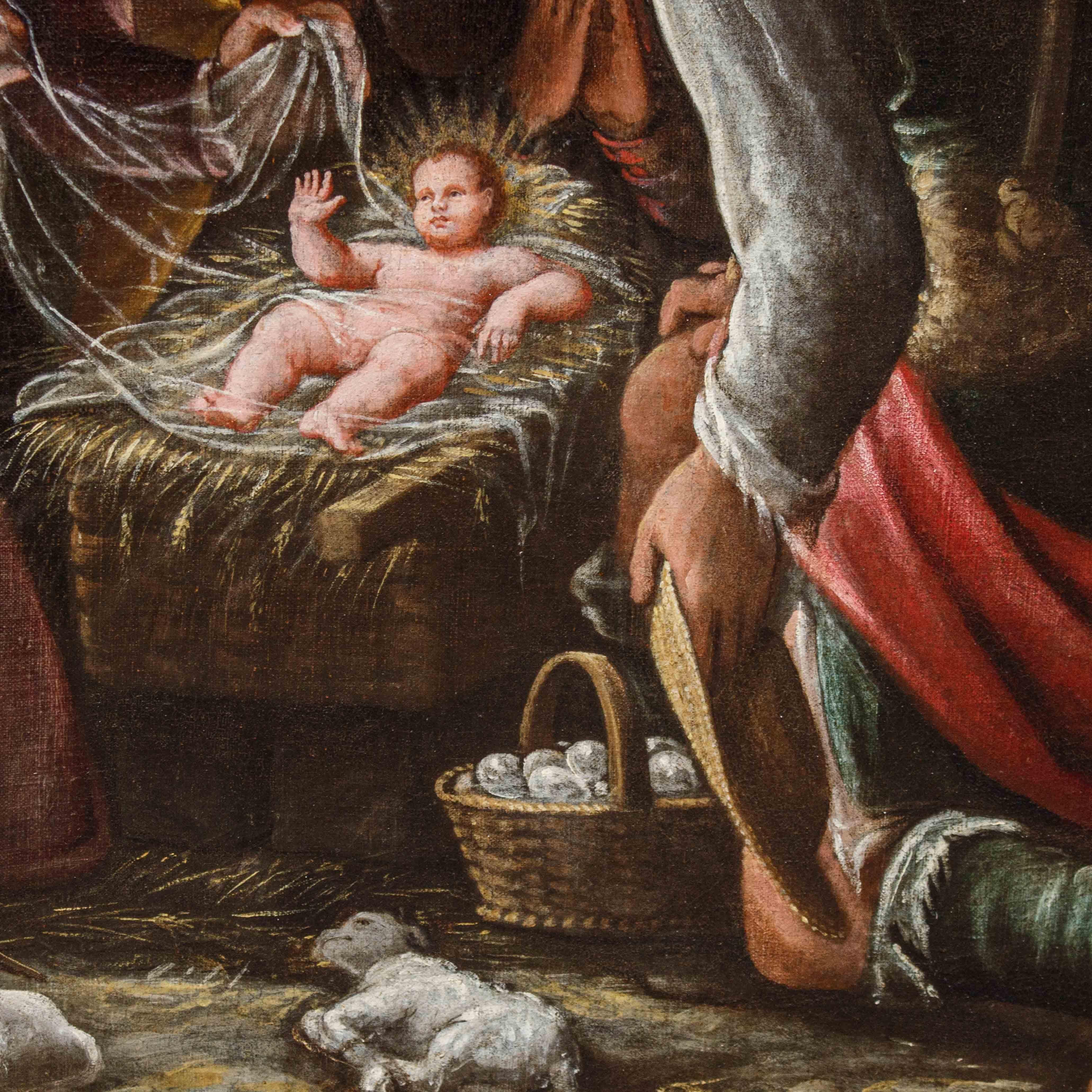 Adoration of the Shepherds Oil painting on canvas attributed to Luca Cattapane For Sale 7