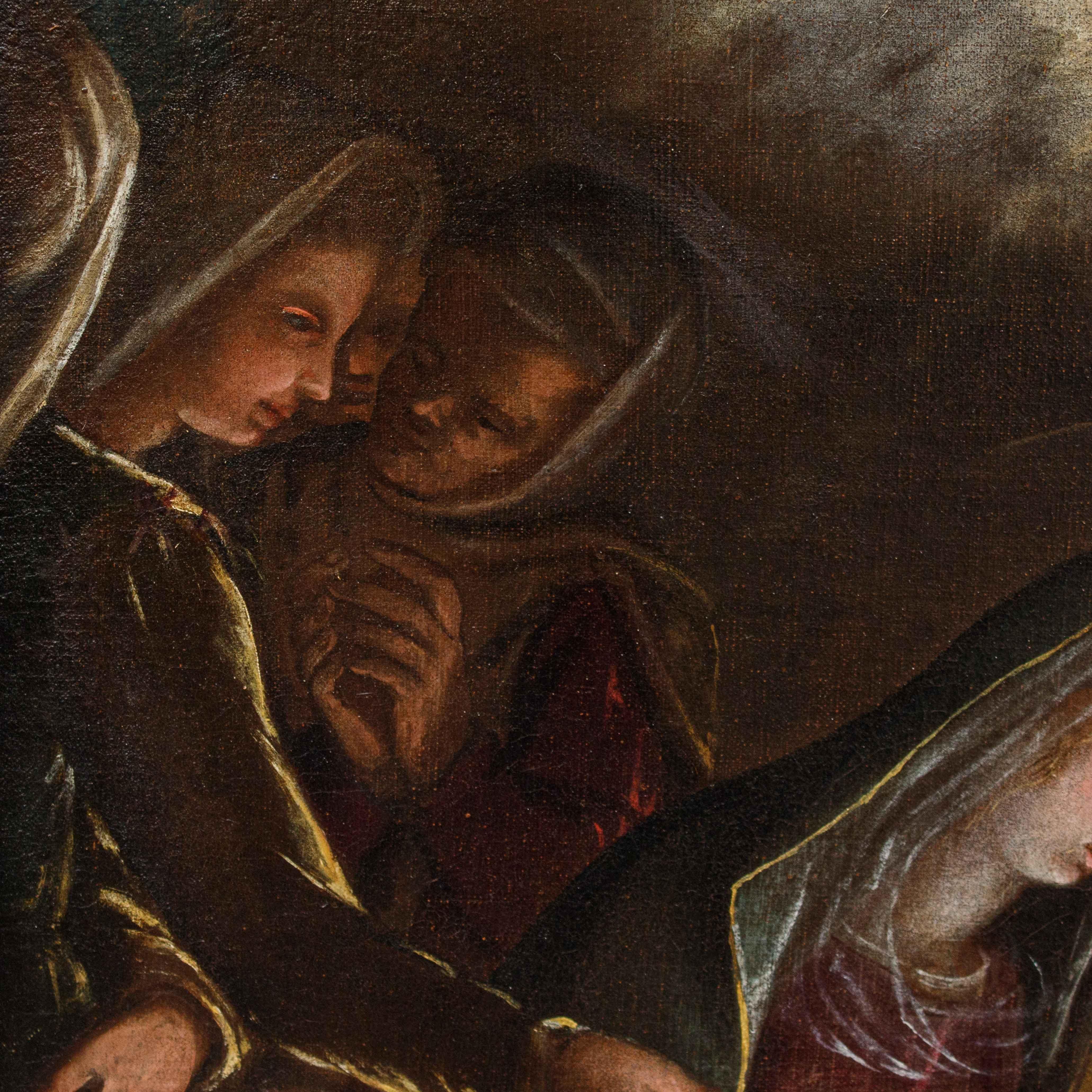 Adoration of the Shepherds Oil painting on canvas attributed to Luca Cattapane For Sale 8