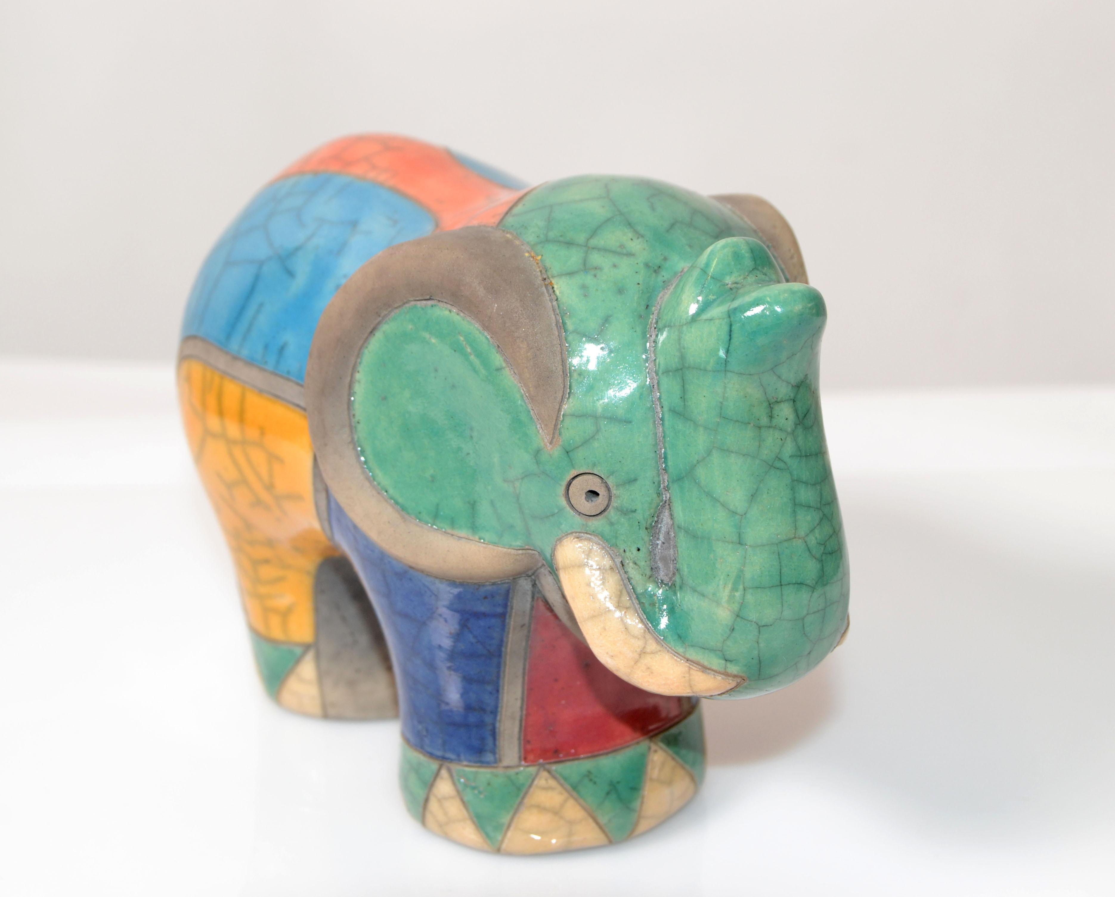 Hand-Painted Luca CL Marked Colorful Ceramic Elephant Sculpture Mid-Century Modern Italy 1970 For Sale