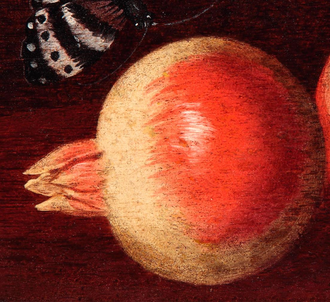 XVII secolo di Luca Forte Due melograni e una farfalla volante Olio su pannello - Painting Antichi maestri di Luca Forte (Naples, 1615 ca. - 1670 ca.)
