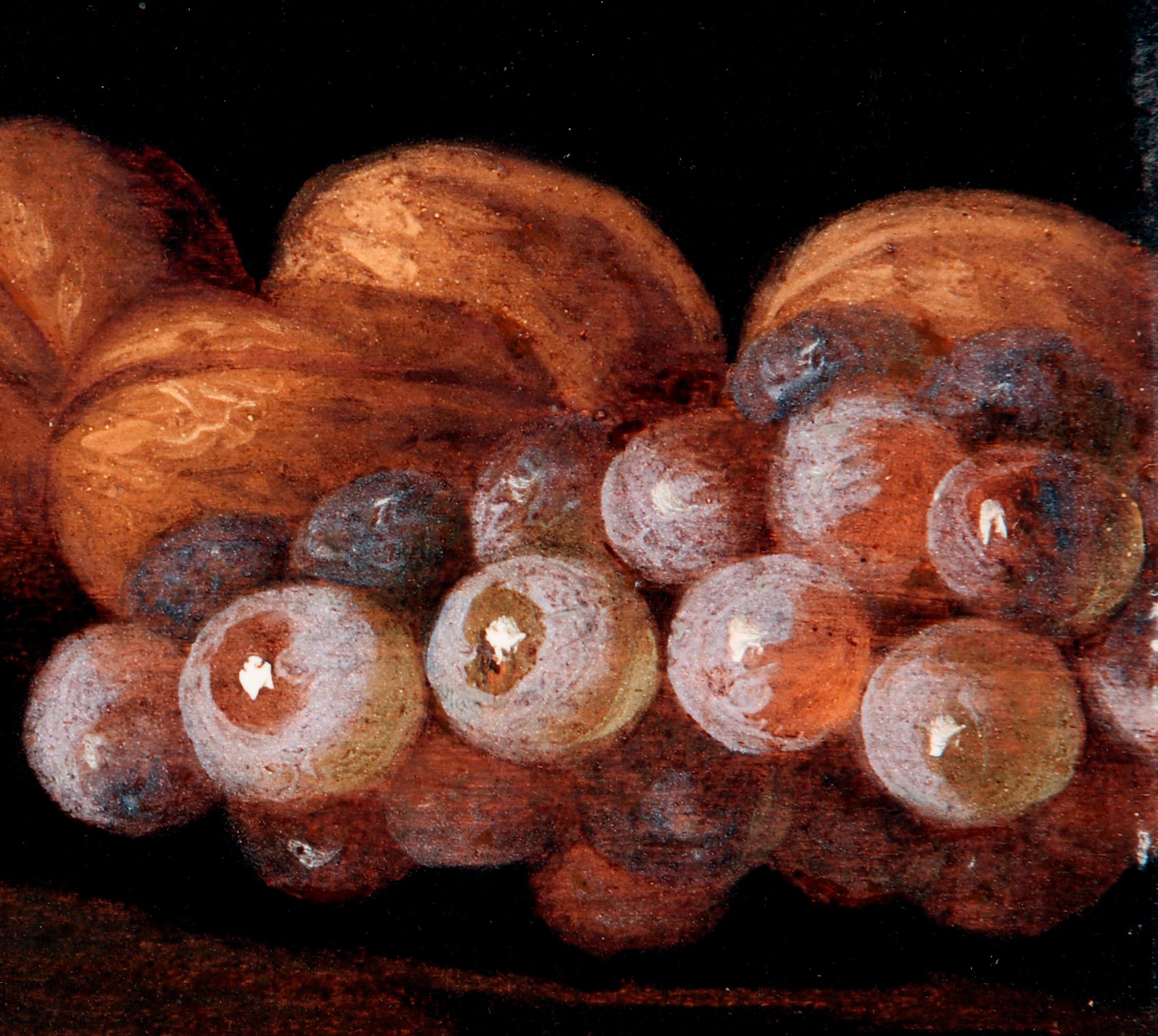17ème siècle par Luca Forte Noyers, châtaigniers, un banc de raisins et un Quince - Noir Still-Life Painting par Luca Forte (Naples, 1615 ca. - 1670 ca.)
