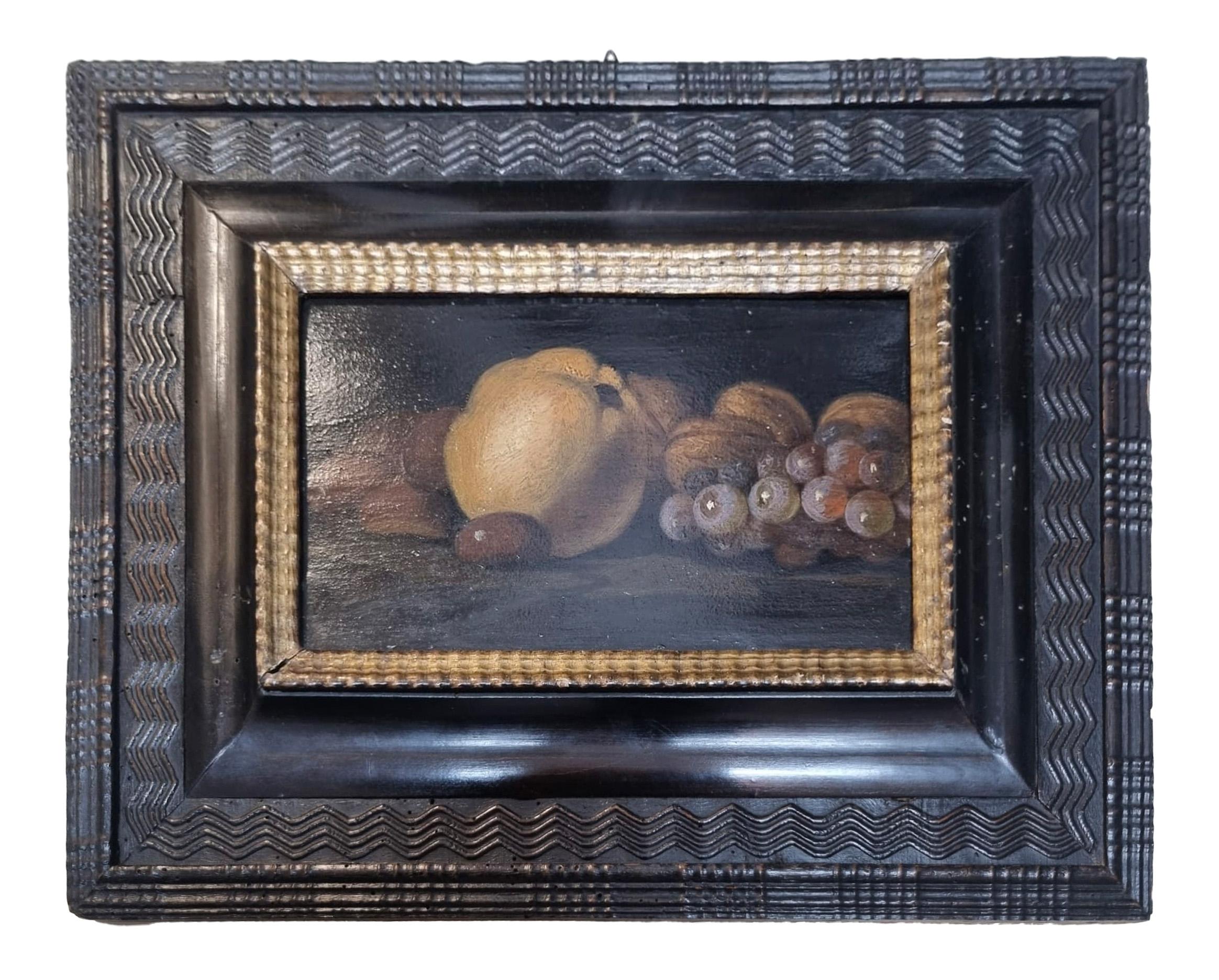 Luca Forte (Naples, 1615 env. - 1670 env.)
Titre : Des noix, des châtaignes, une grappe de raisin et un coing
Support : Huile sur panneau de noyer
Dimensions : 12,5 x 22 cm : 12,5 x 22 cm

Expertise de Nicola Spinosa, historien de l'art

Foires : La
