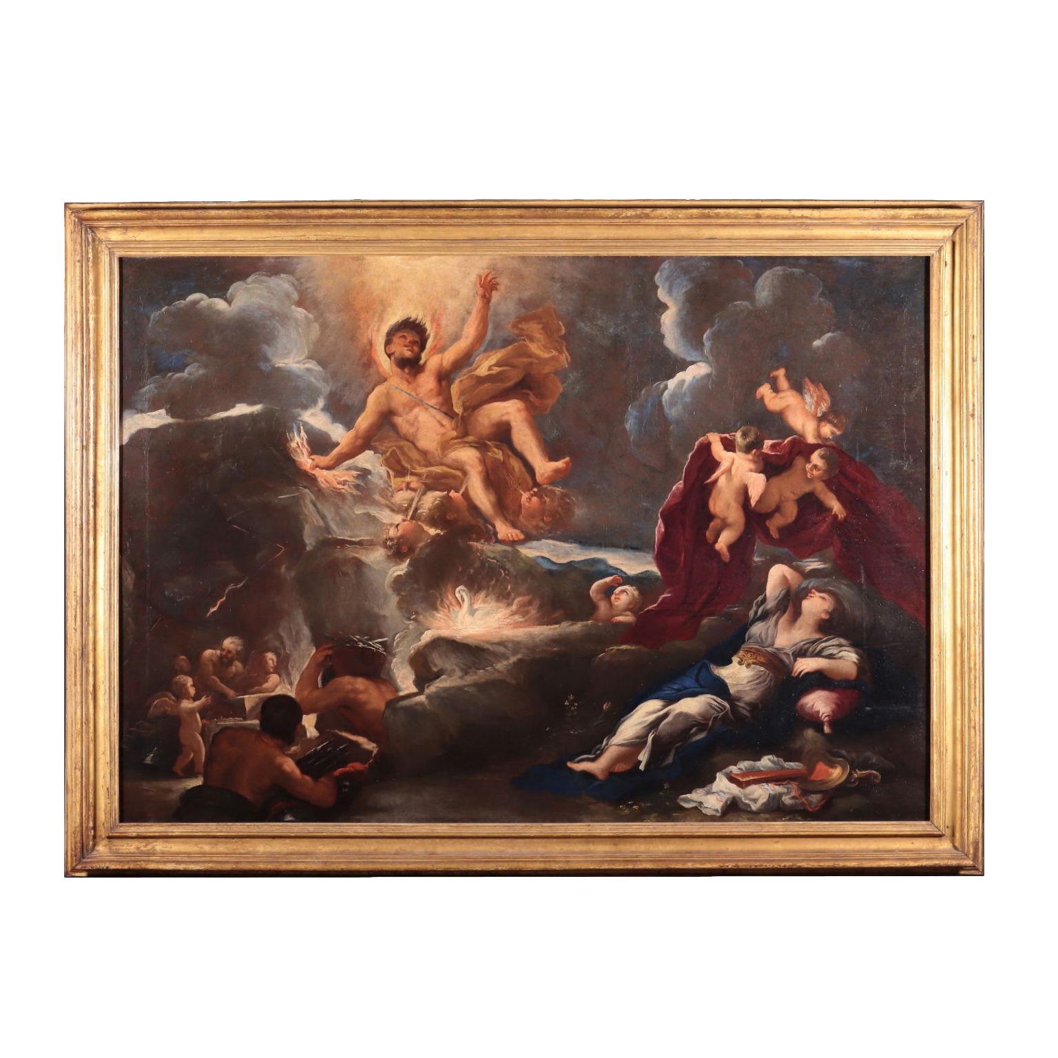 Luca Giordano (follower of) Figurative Painting - Dipinto di Bottega di Luca Giordano, Allegoria del Fuoco con Giove e Semele