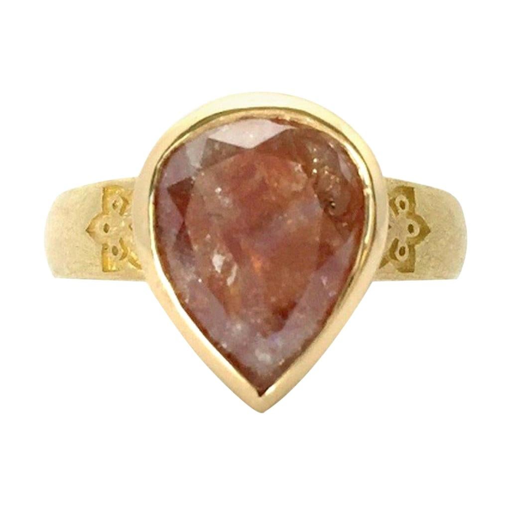 Luca Jouel 5.86 Carat One of a Kind Rose Cut Reddish Pear Diamond Gold Ring